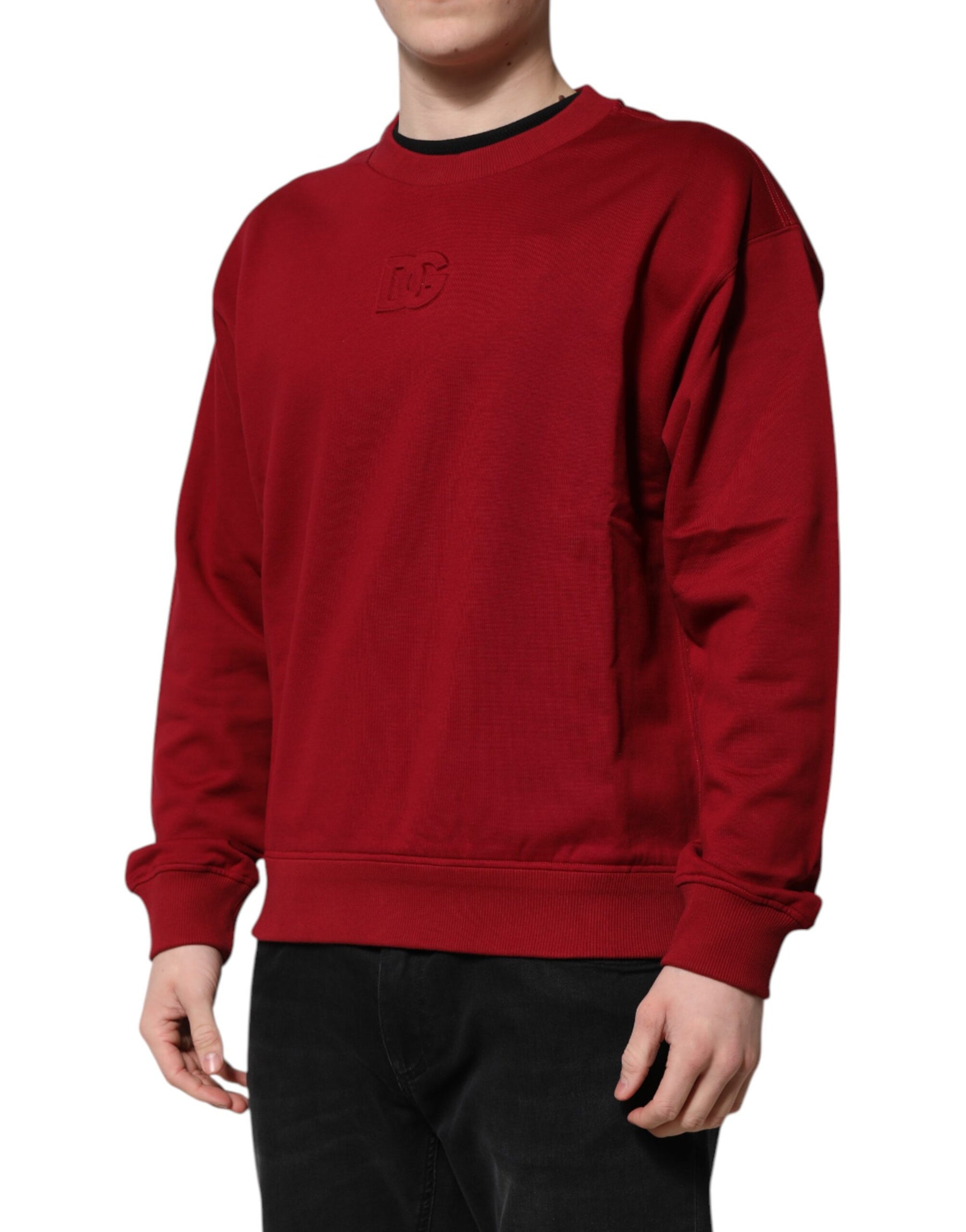 Dolce & Gabbana Red Embossed Logo Cotton Crew Neck Sweater | Regal Royce