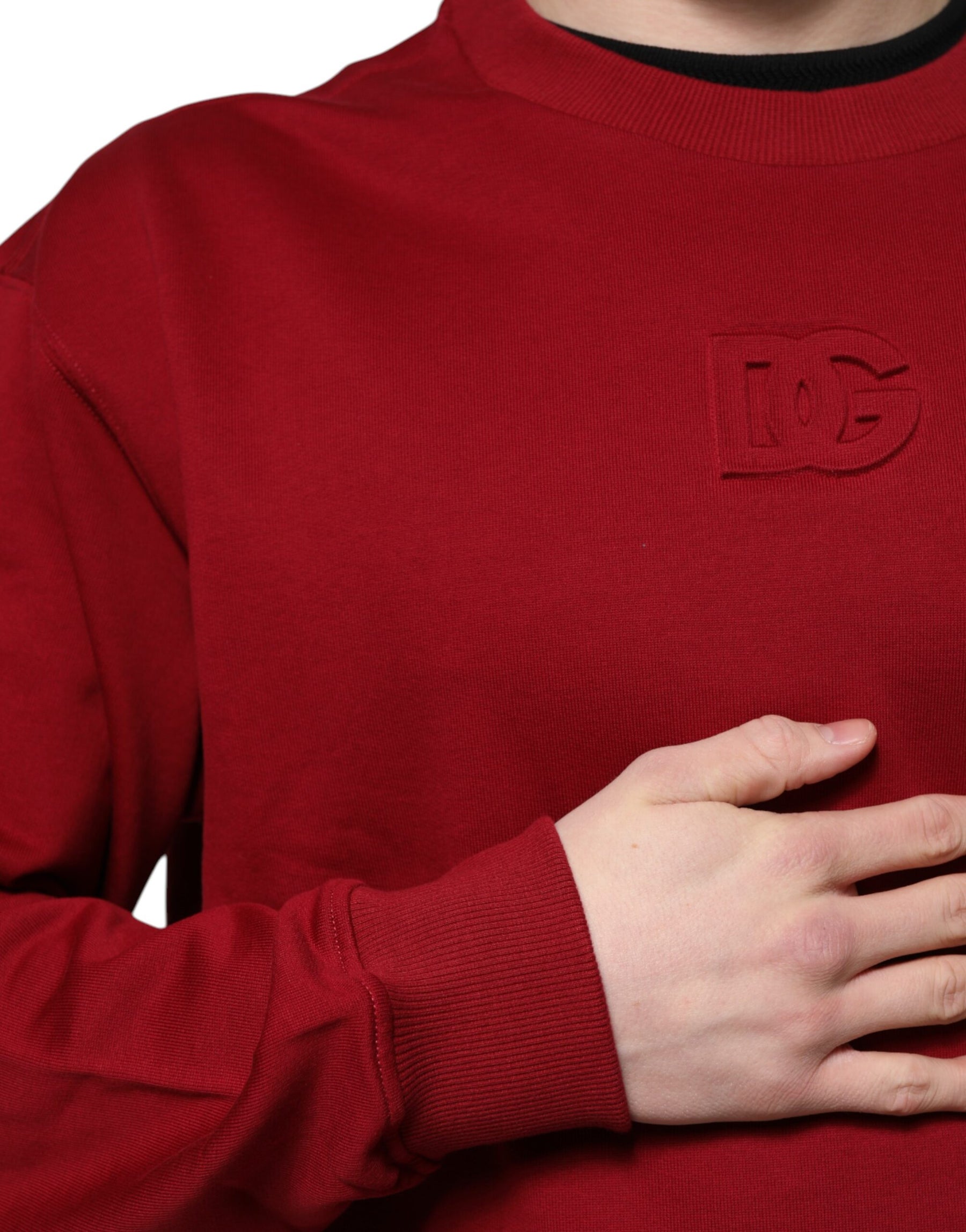 Dolce & Gabbana Red Embossed Logo Cotton Crew Neck Sweater | Regal Royce