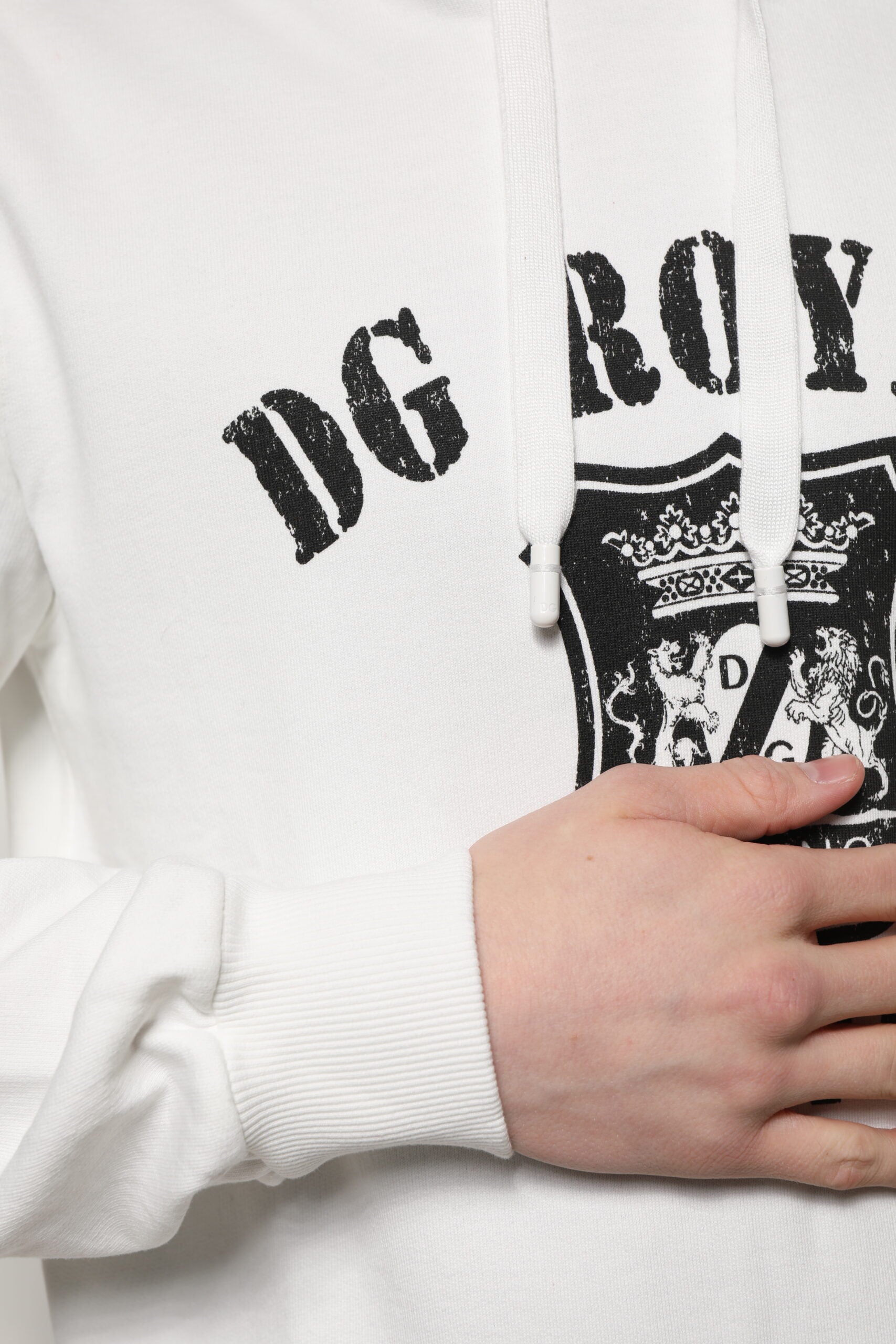 Dolce & Gabbana White Cotton DG ROYAL Print Hooded Sweater | Regal Royce