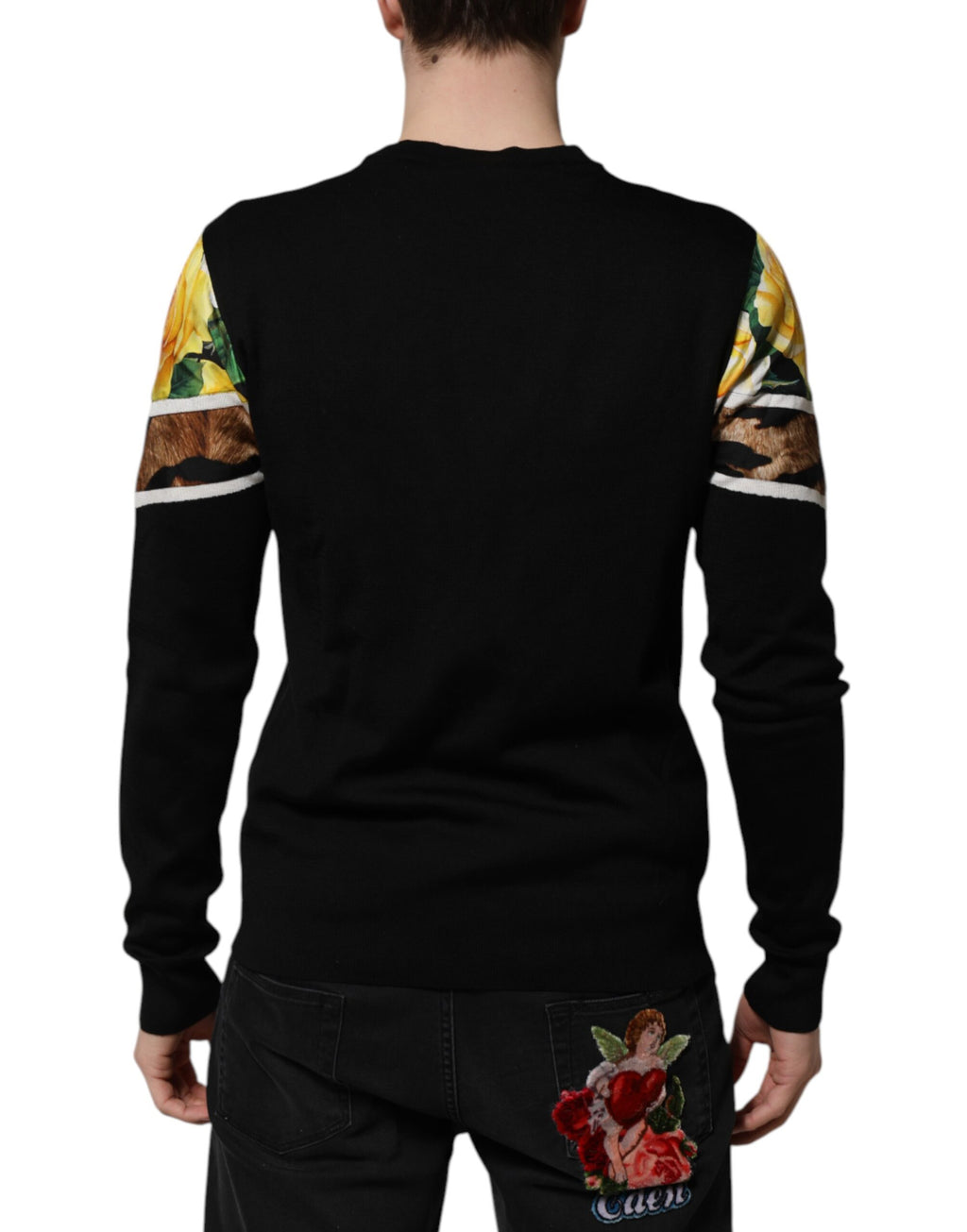 Dolce & Gabbana Black Silk Floral Crew Neck Pullover Sweater