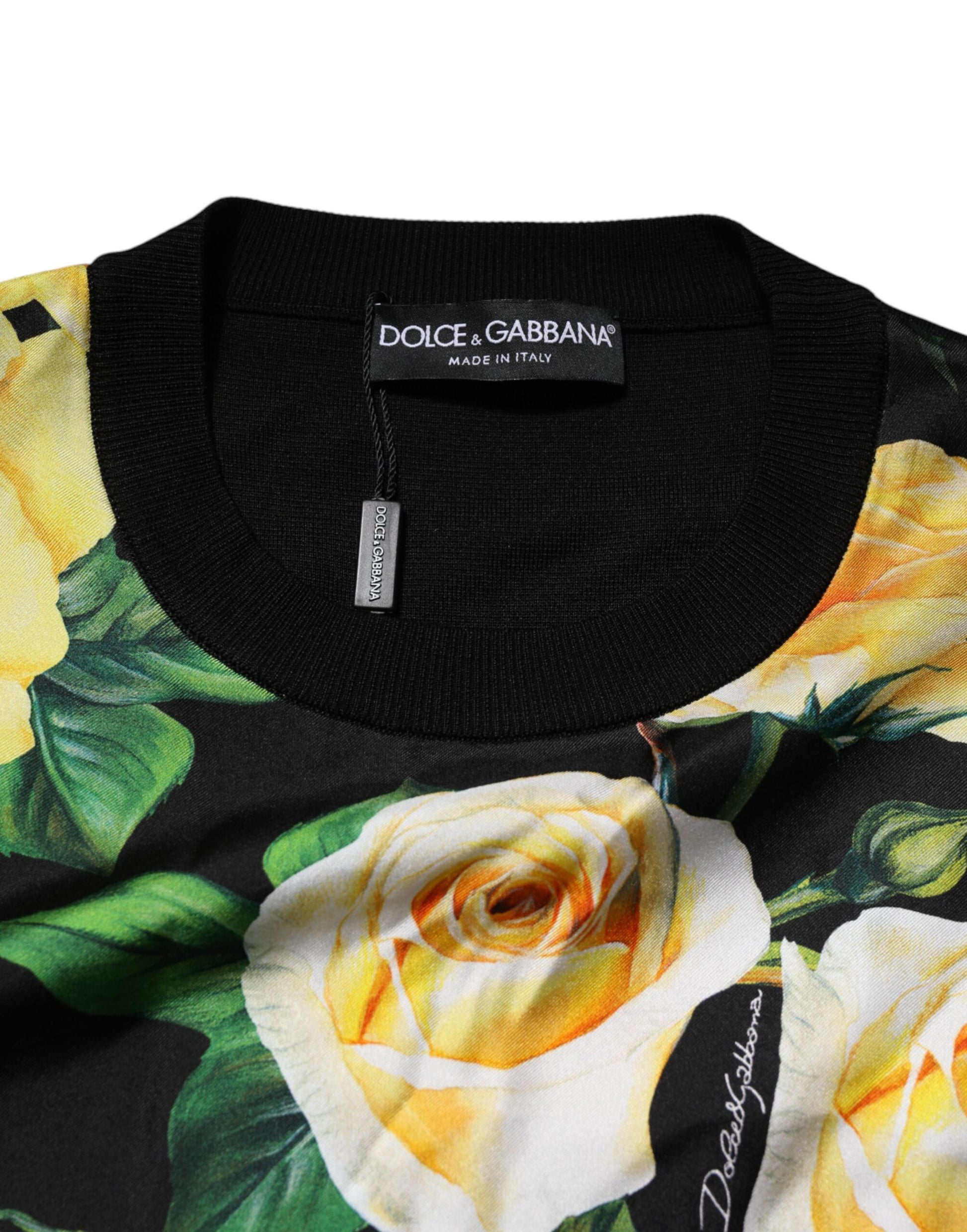 Dolce & Gabbana Black Silk Floral Crew Neck Pullover Sweater