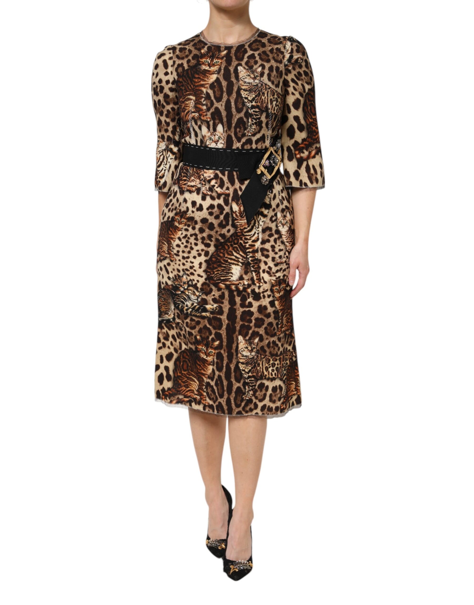 Dolce & Gabbana Brown Leopard Print Belted A-line Midi Dress | Regal Royce