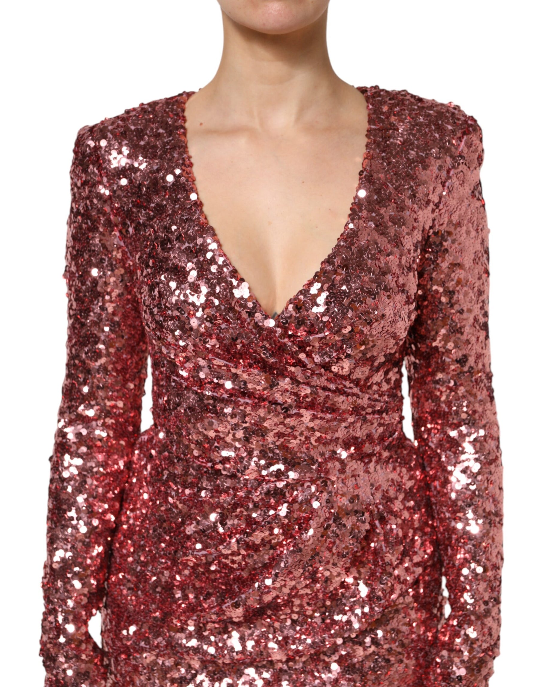 Dolce & Gabbana Pink Sequin Statement Nylon Midi V-Neck Dress | Regal Royce