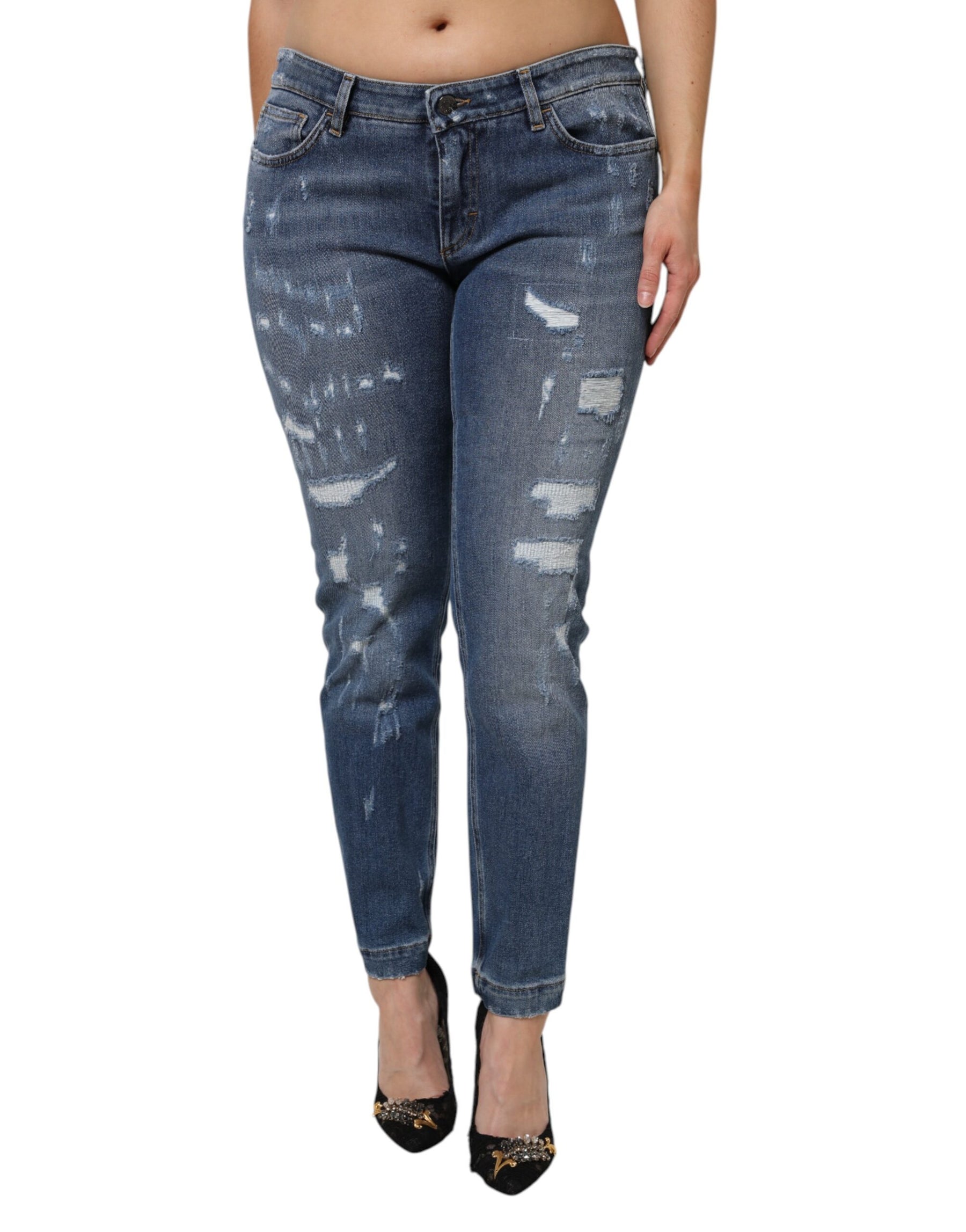 Dolce & Gabbana Blue Tattered Cotton Low Waist Denim Jeans | Regal Royce