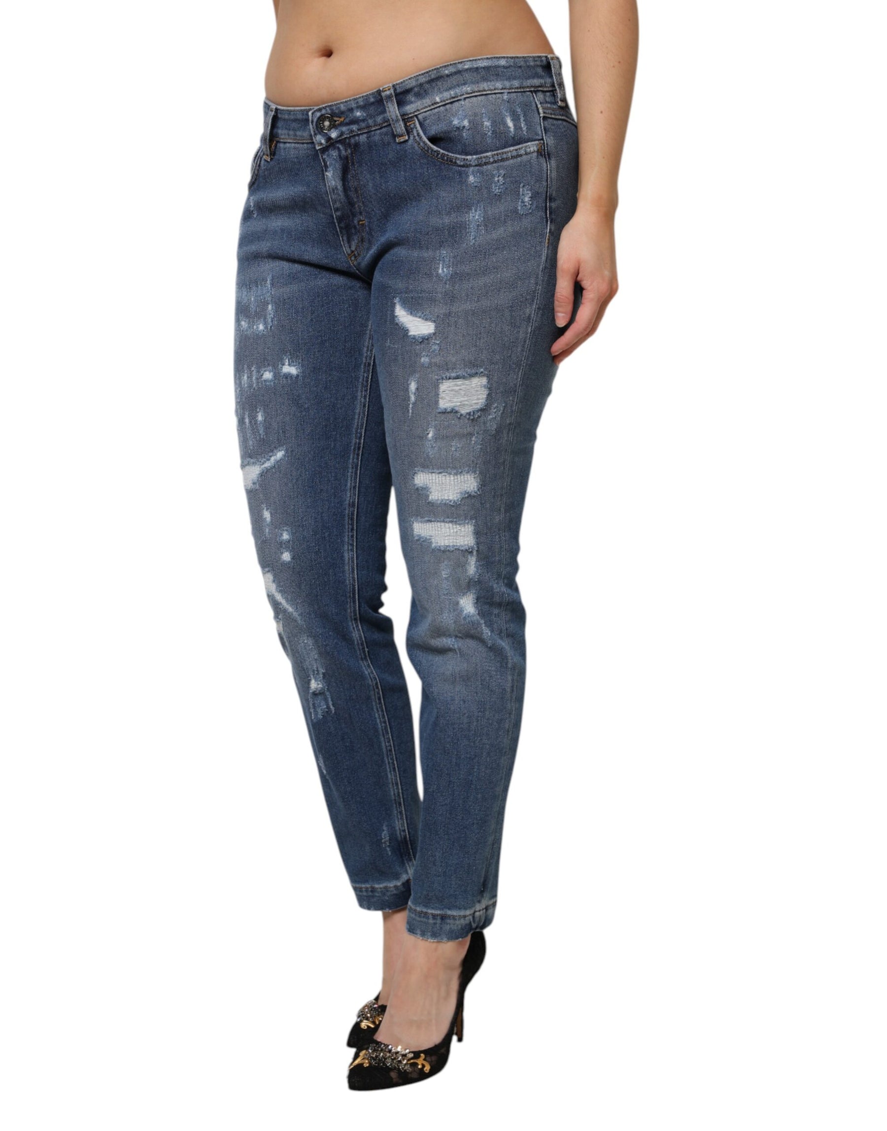 Dolce & Gabbana Blue Tattered Cotton Low Waist Denim Jeans | Regal Royce