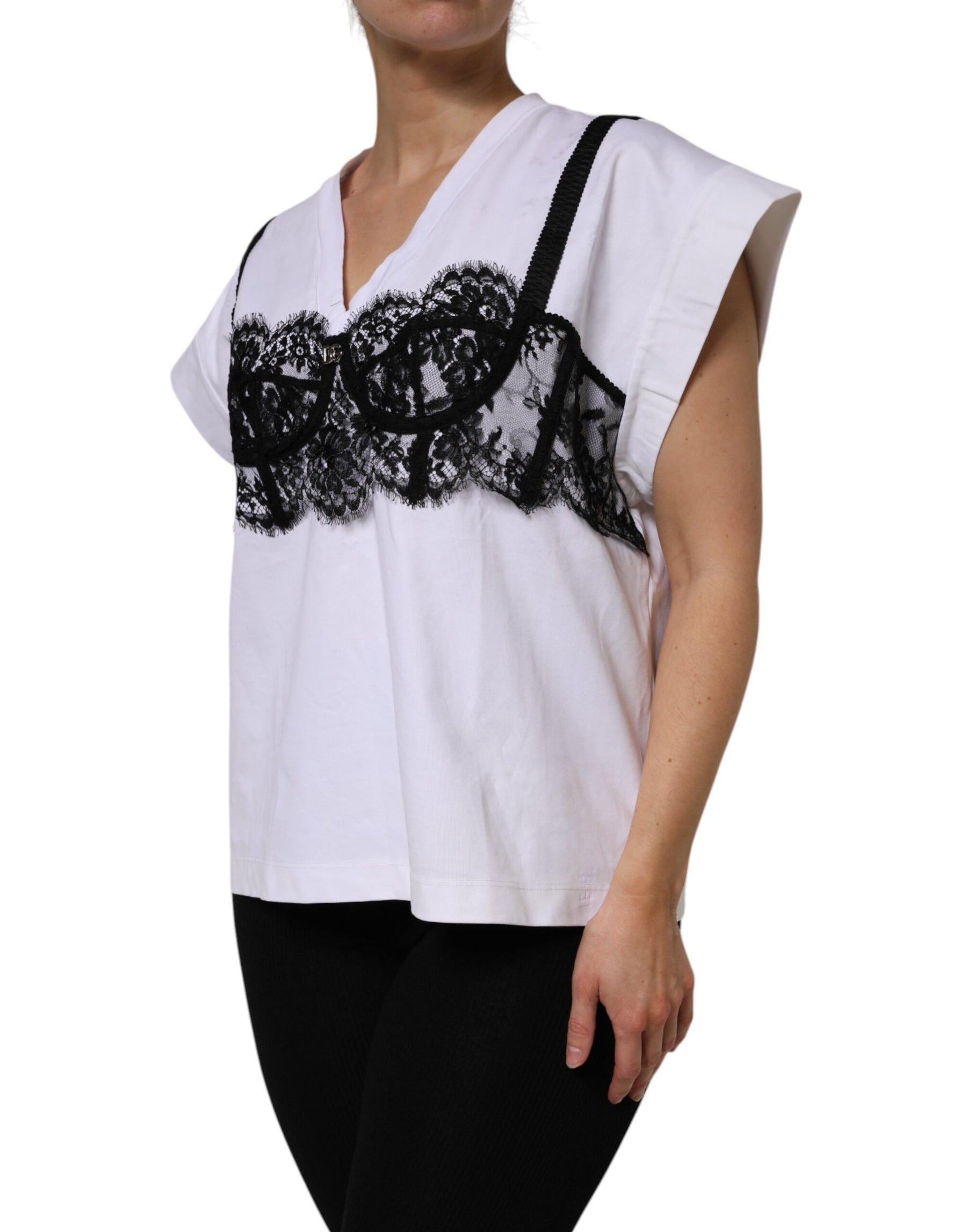 Dolce & Gabbana White Lace Cotton V-Neck Short Sleeves Top | Regal Royce