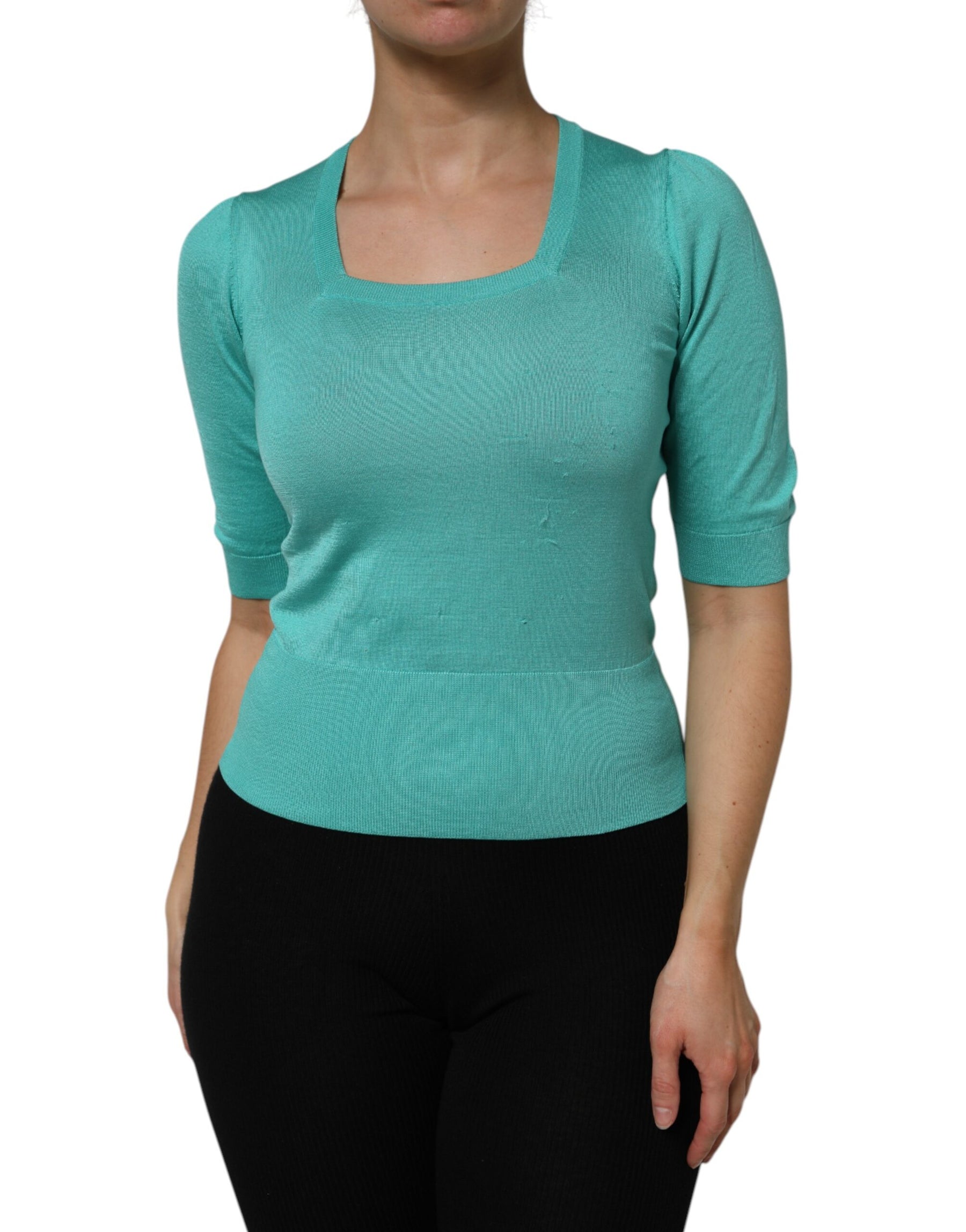 Dolce & Gabbana Aqua Blue Silk Short Sleeves Square Neck Top | Regal Royce