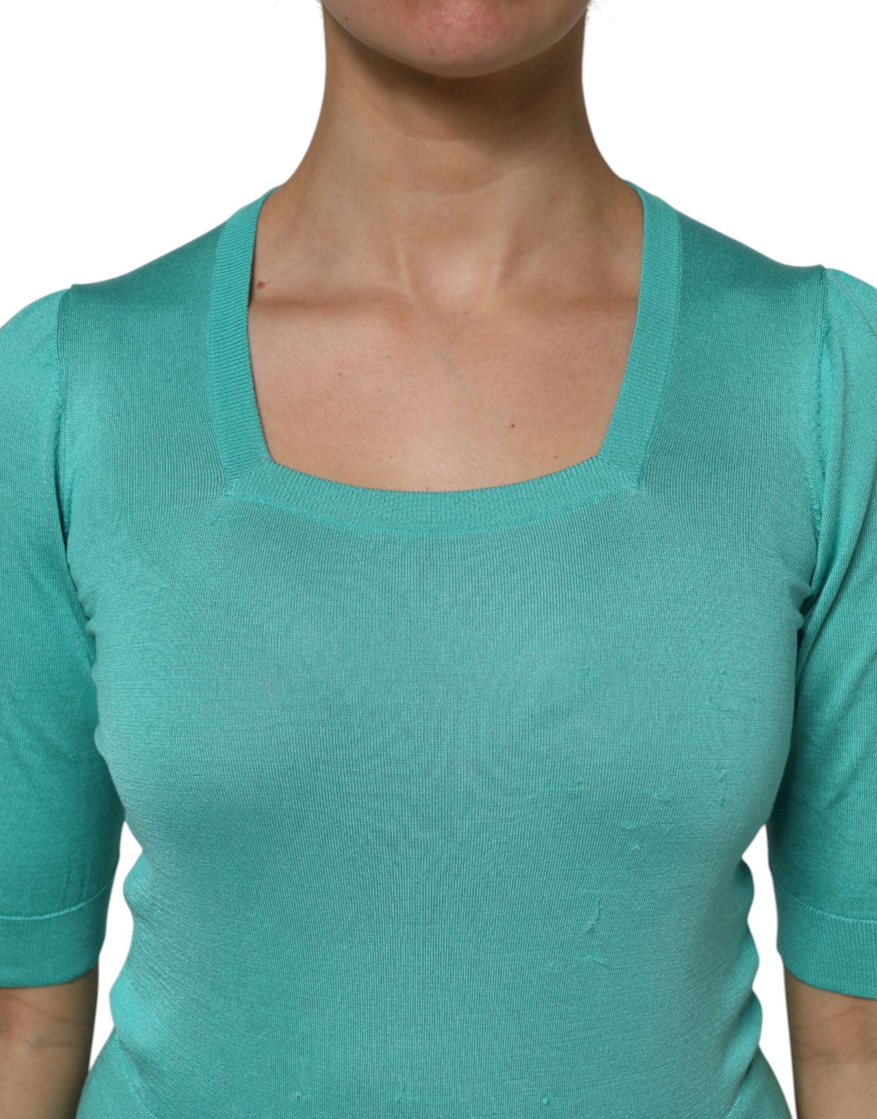Dolce & Gabbana Aqua Blue Silk Short Sleeves Square Neck Top | Regal Royce