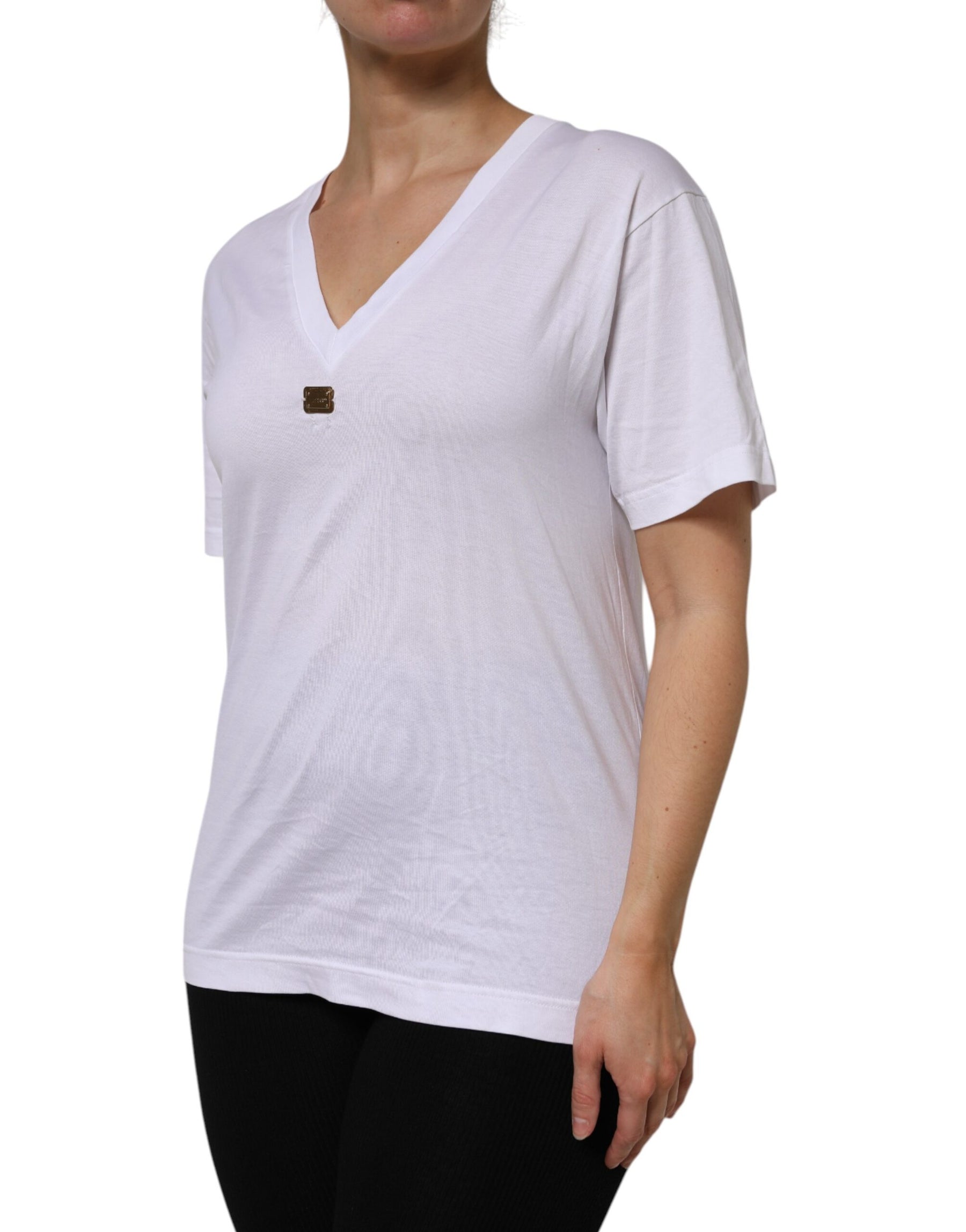 Dolce & Gabbana White Cotton Short Sleeve V-Neck Top T-shirt | Regal Royce