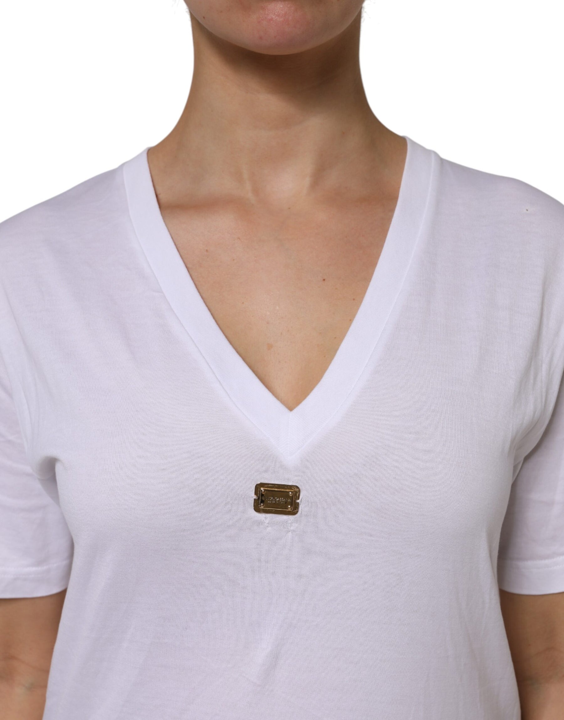 Dolce & Gabbana White Cotton Short Sleeve V-Neck Top T-shirt | Regal Royce