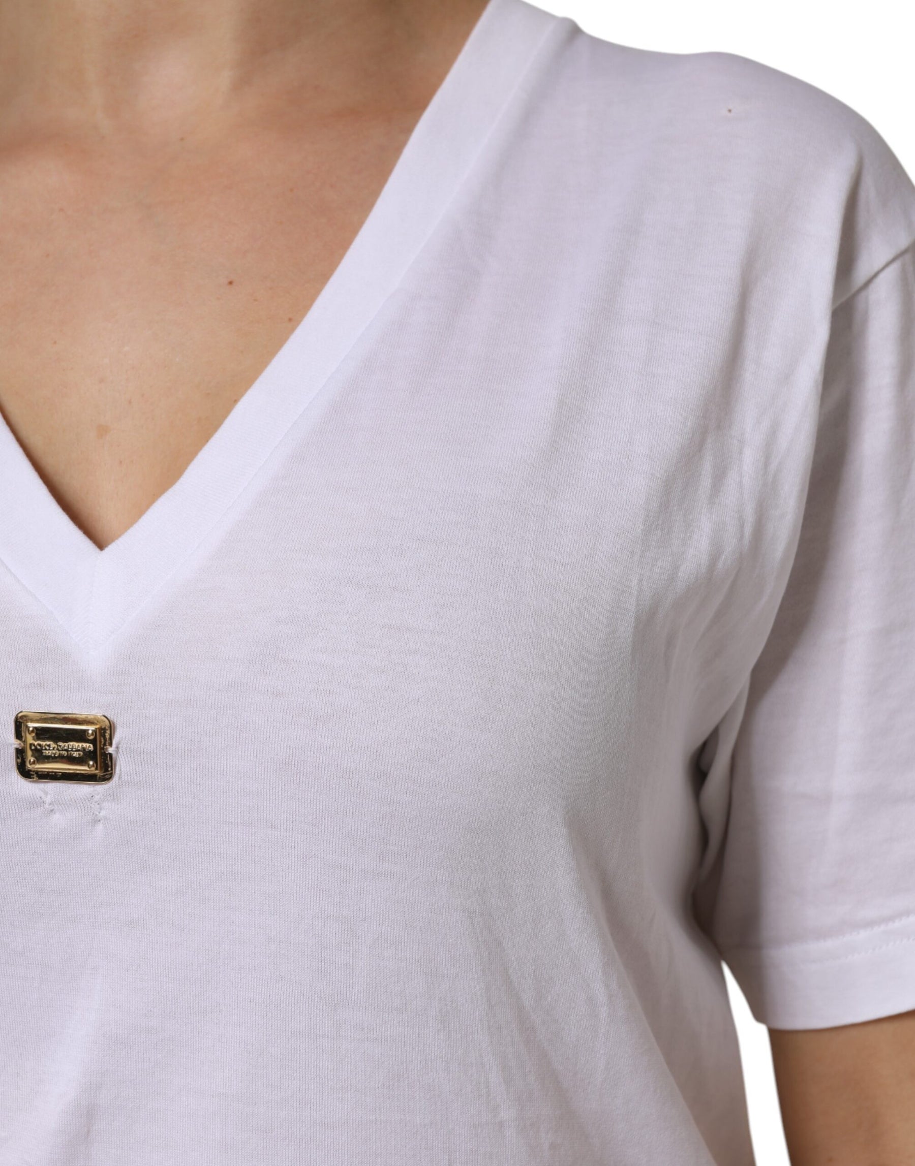 Dolce & Gabbana White Cotton Short Sleeve V-Neck Top T-shirt | Regal Royce