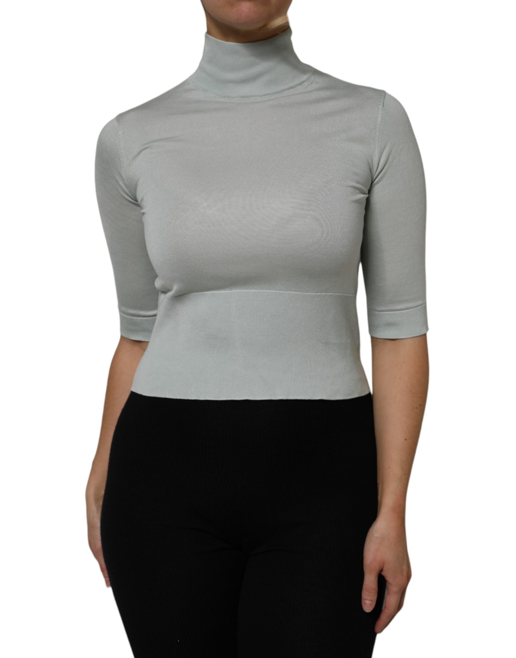 Dolce & Gabbana Light Green Silk Turtleneck 3/4 Sleeves Top | Regal Royce
