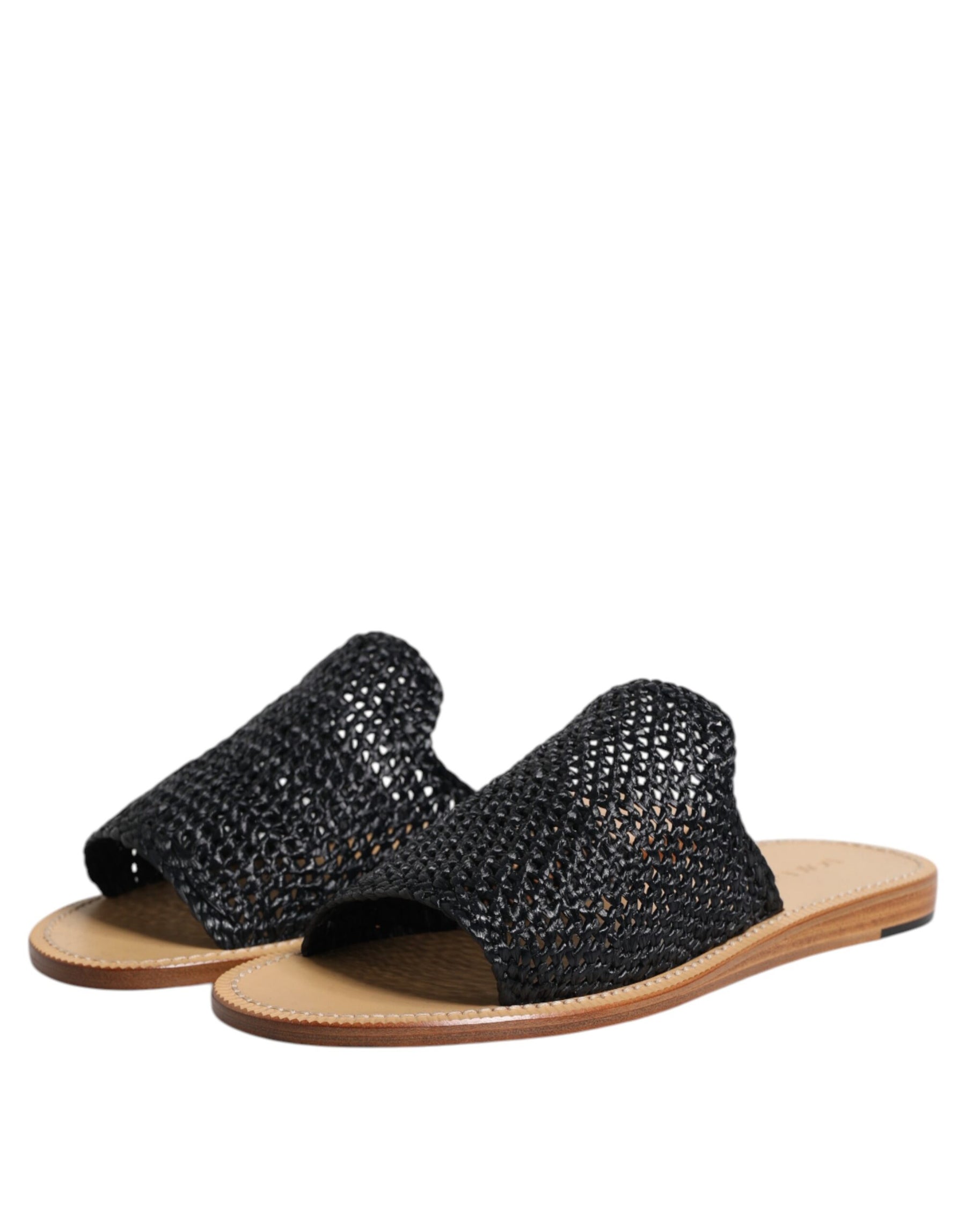 Dolce & Gabbana Black Monochrome Braided Raffia Slides Shoes | Regal Royce