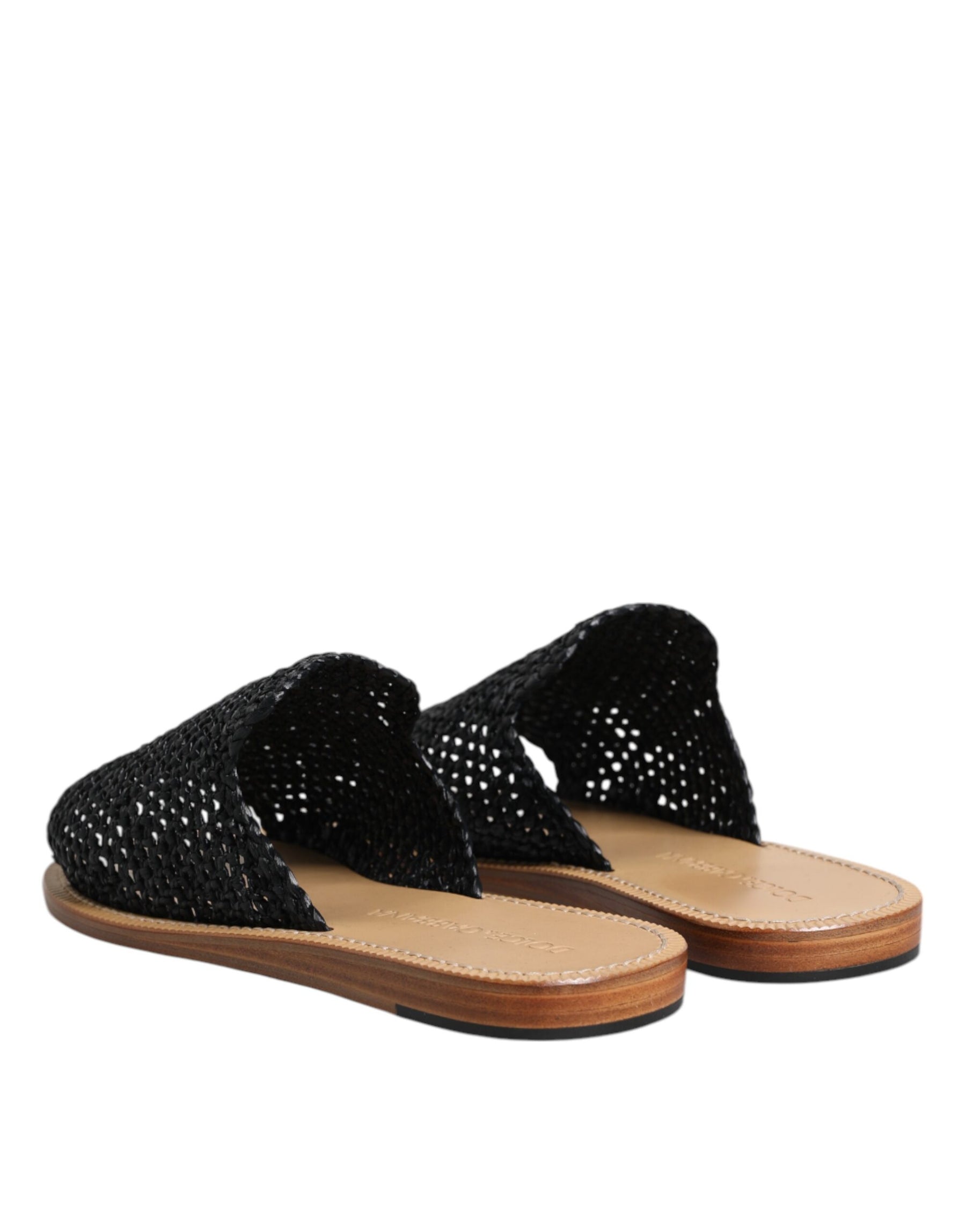 Dolce & Gabbana Black Monochrome Braided Raffia Slides Shoes | Regal Royce