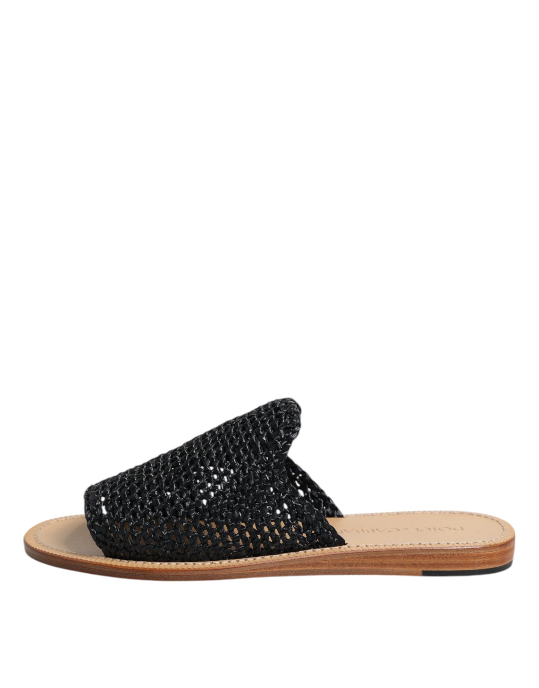 Dolce & Gabbana Black Monochrome Braided Raffia Slides Shoes | Regal Royce