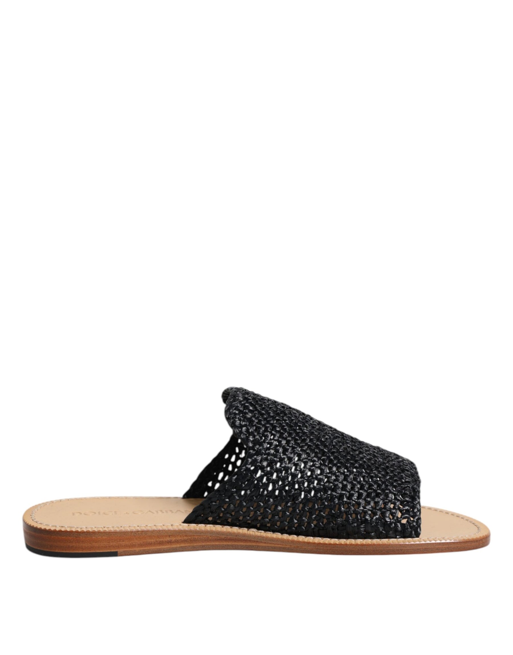 Dolce & Gabbana Black Monochrome Braided Raffia Slides Shoes | Regal Royce