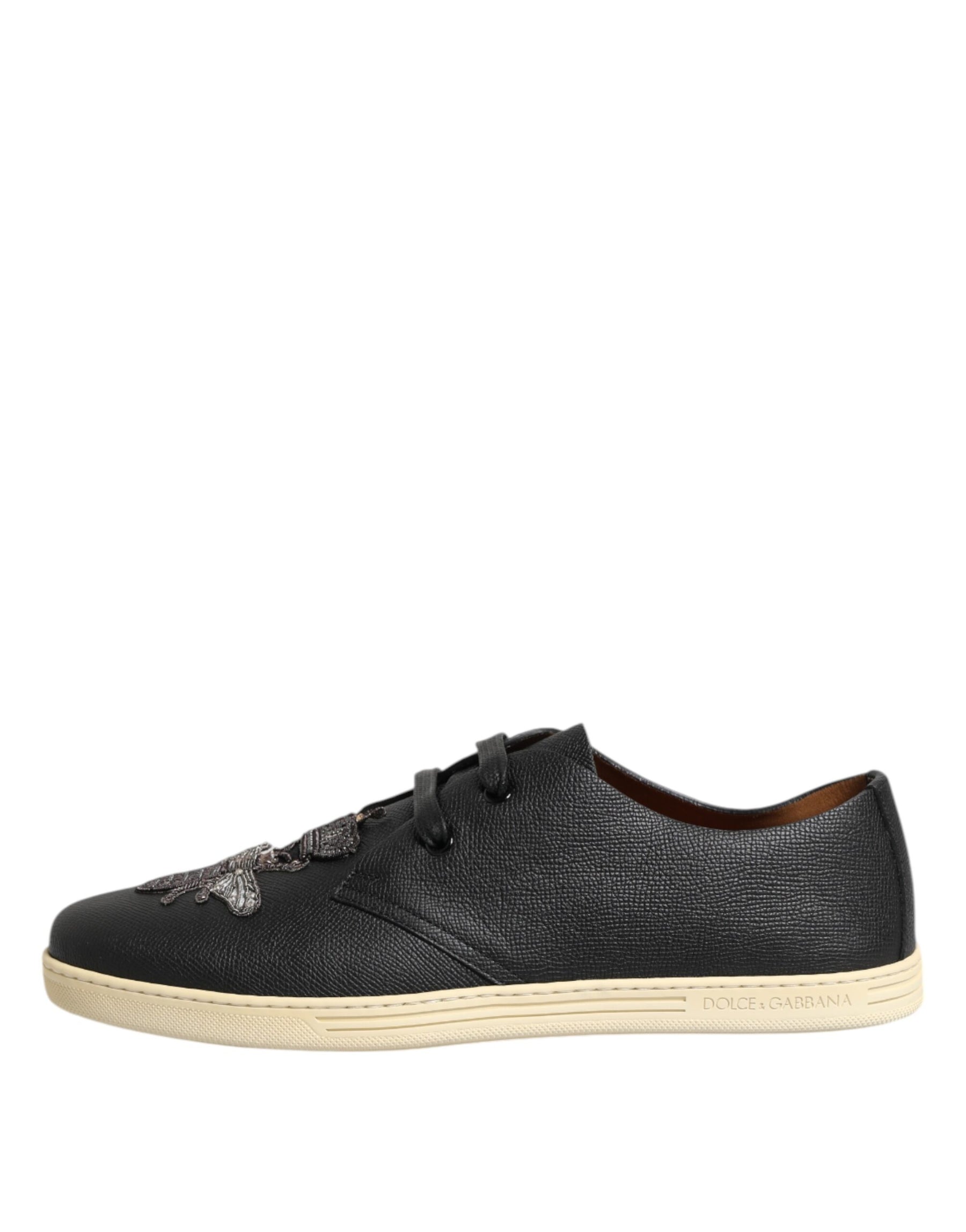 Dolce & Gabbana Black Leather Bee Crown Low Top Sneakers Shoes | Regal Royce