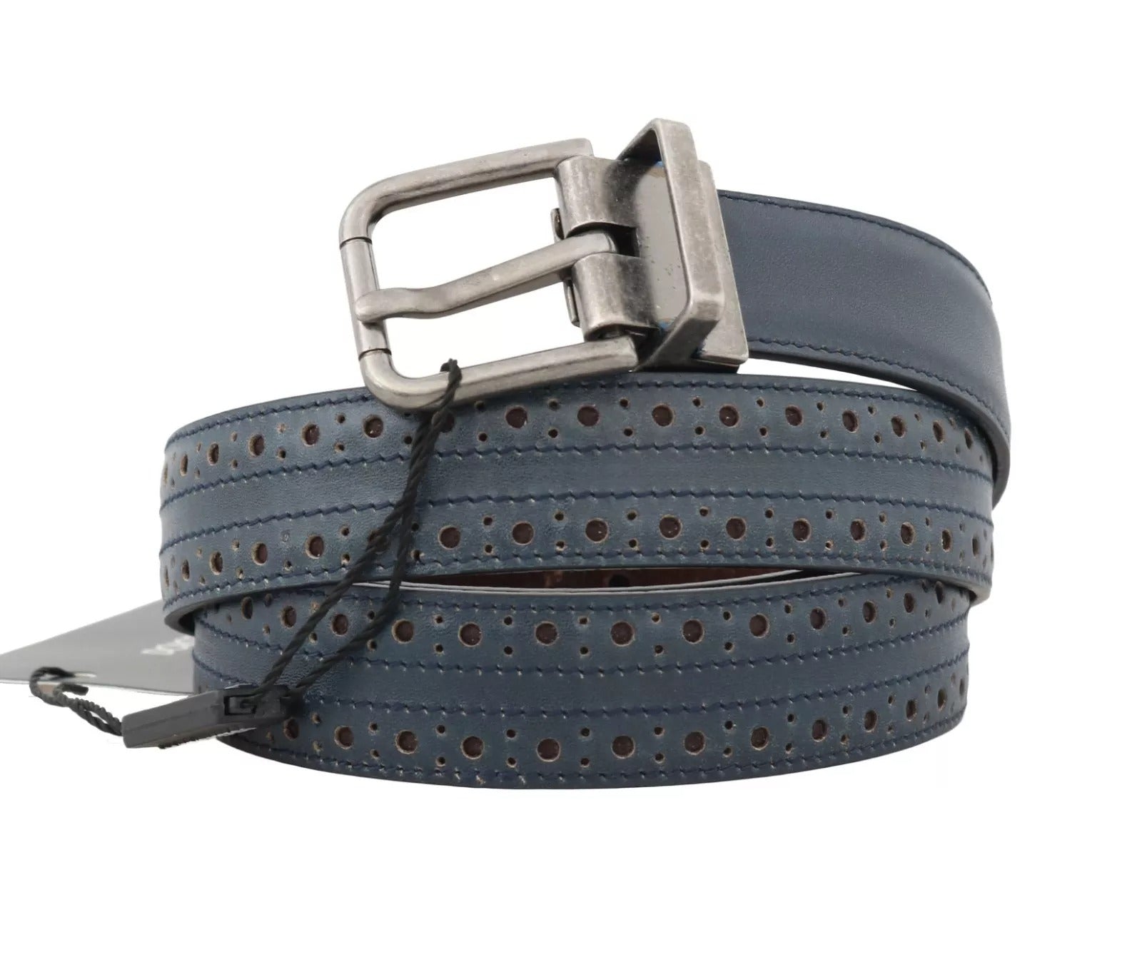 Dolce & Gabbana Blue Perforated Leather Gray Buckle Belt | Regal Royce