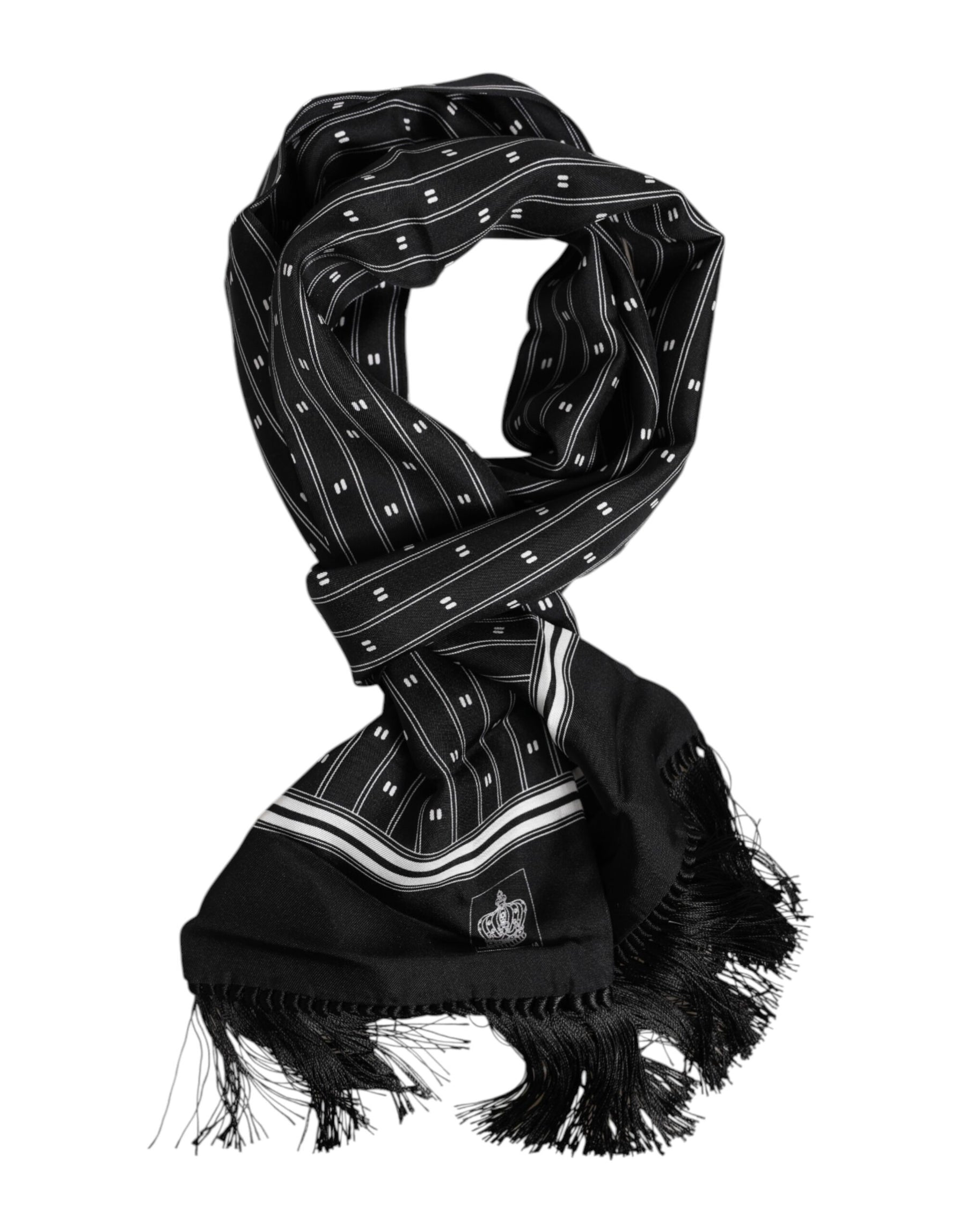 Dolce & Gabbana Black Silk Printed Fringes Men Foulard Scarf | Regal Royce