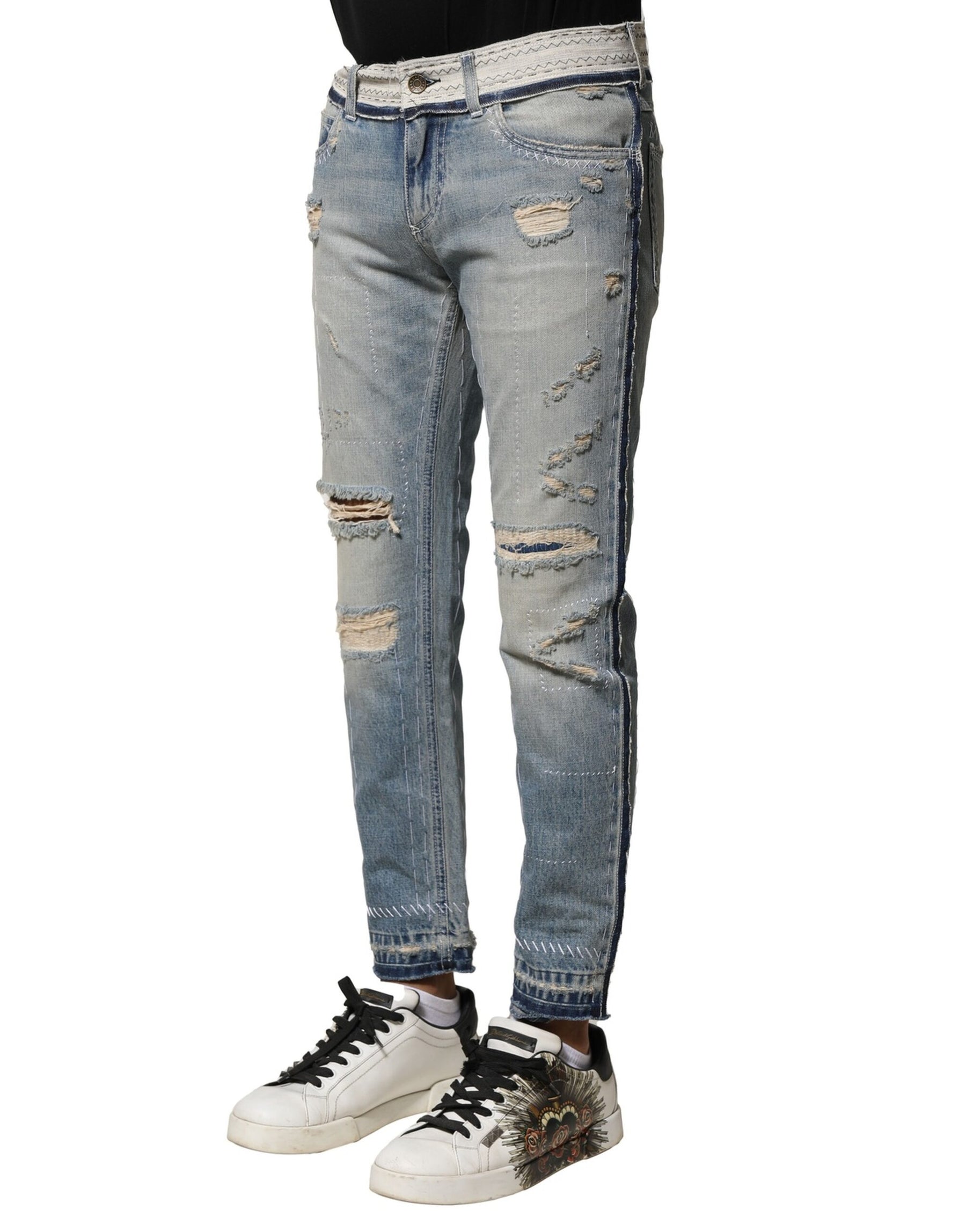 Dolce & Gabbana Light Blue Tattered Straight Men Denim Jeans | Regal Royce