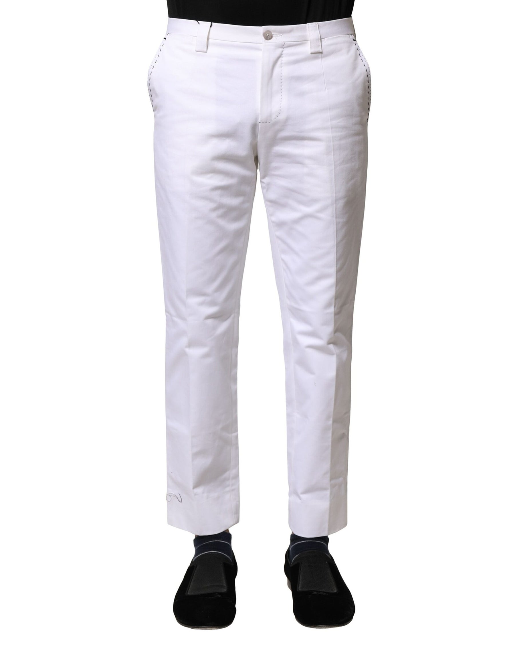 Dolce & Gabbana White Cotton Straight Logo Men Pants | Regal Royce