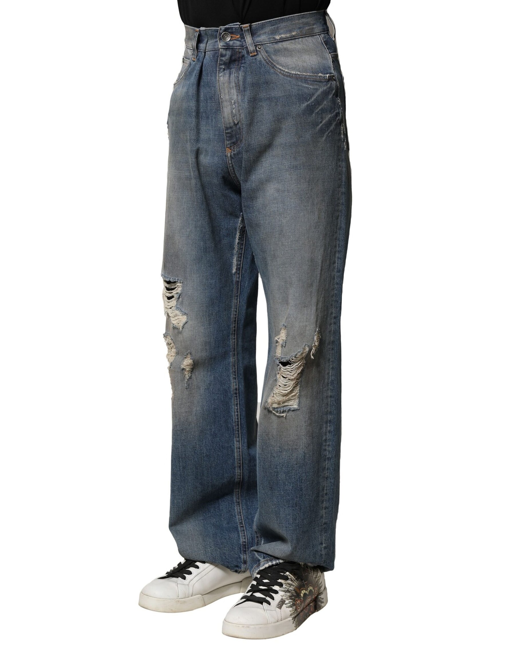 Dolce & Gabbana Blue Cotton Tattered Men Denim Jeans | Regal Royce