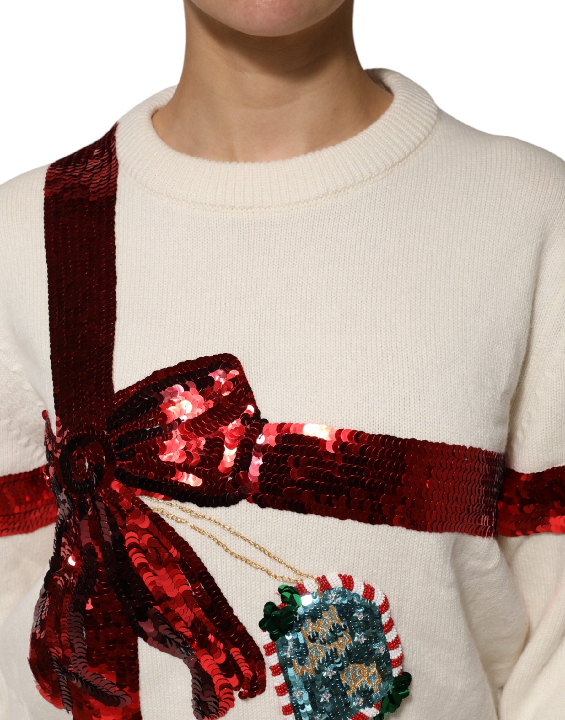 Dolce & Gabbana White Sequined Crew Neck Pullover Sweater | Regal Royce