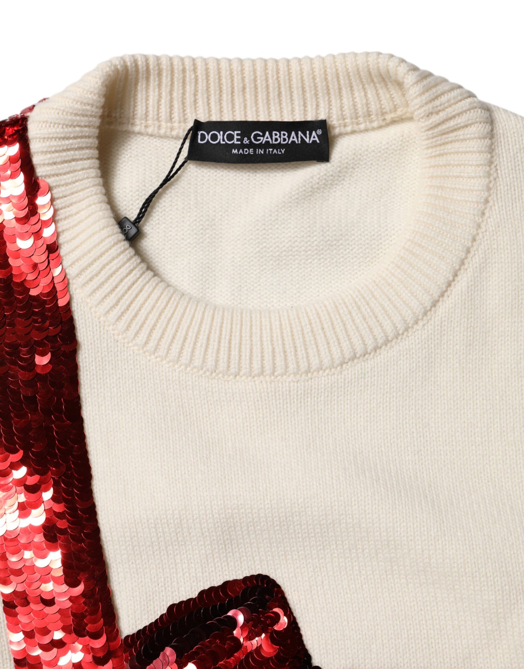 Dolce & Gabbana White Sequined Crew Neck Pullover Sweater | Regal Royce