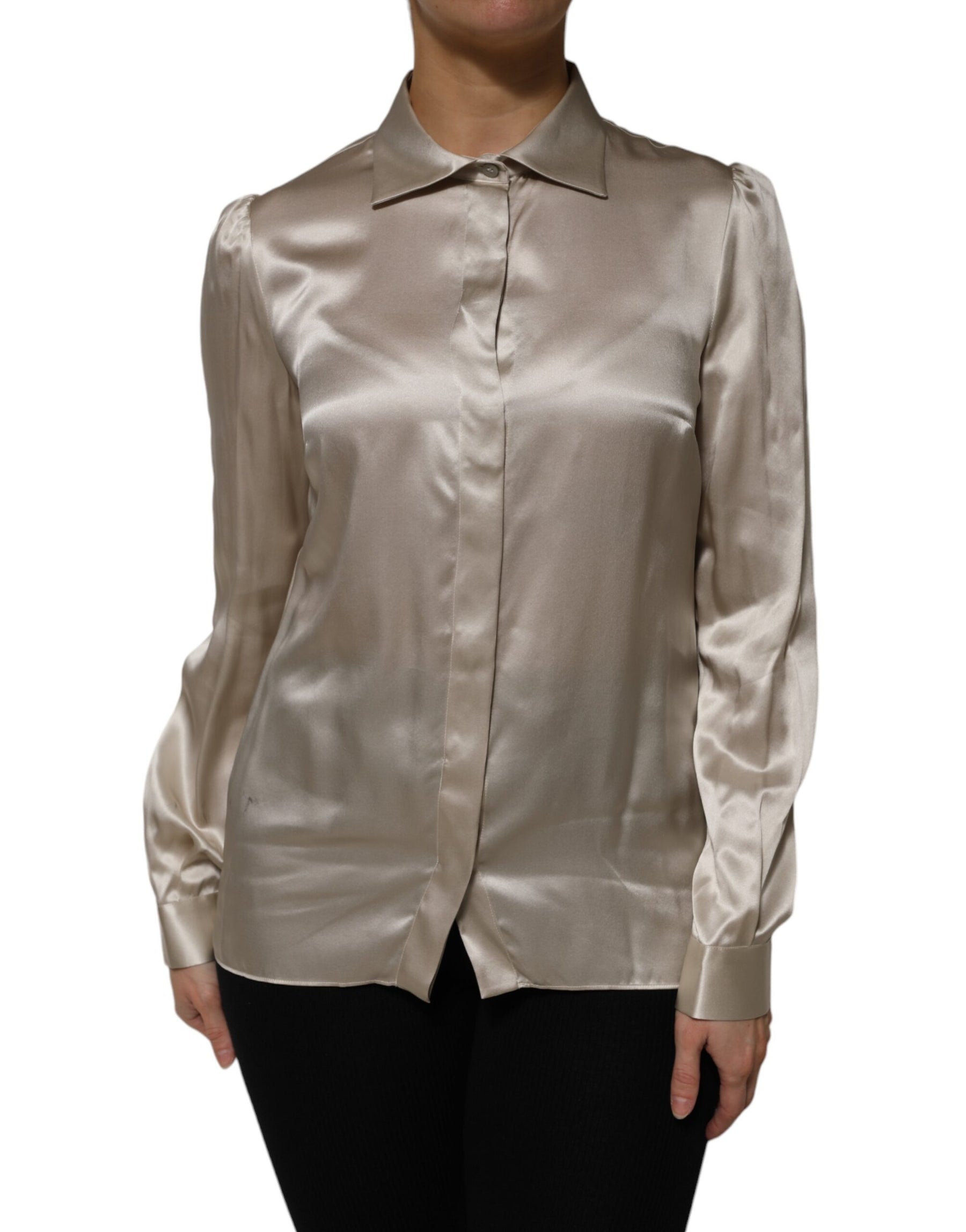 Dolce & Gabbana Beige Satin Silk Collared Long Sleeves Top | Regal Royce