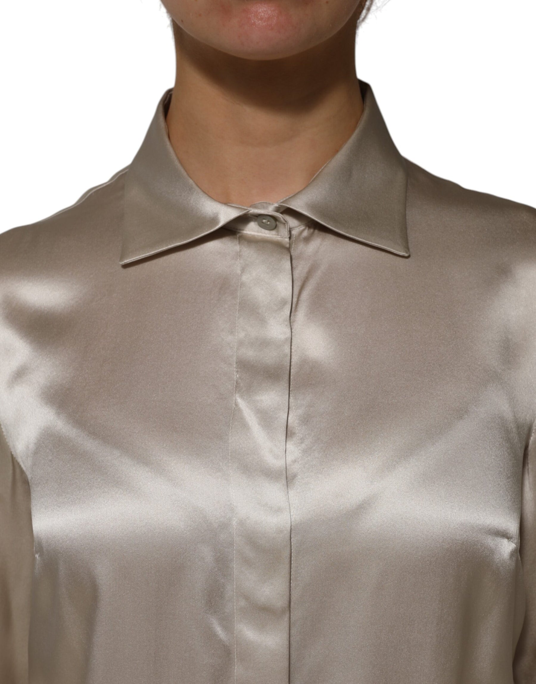 Dolce & Gabbana Beige Satin Silk Collared Long Sleeves Top | Regal Royce