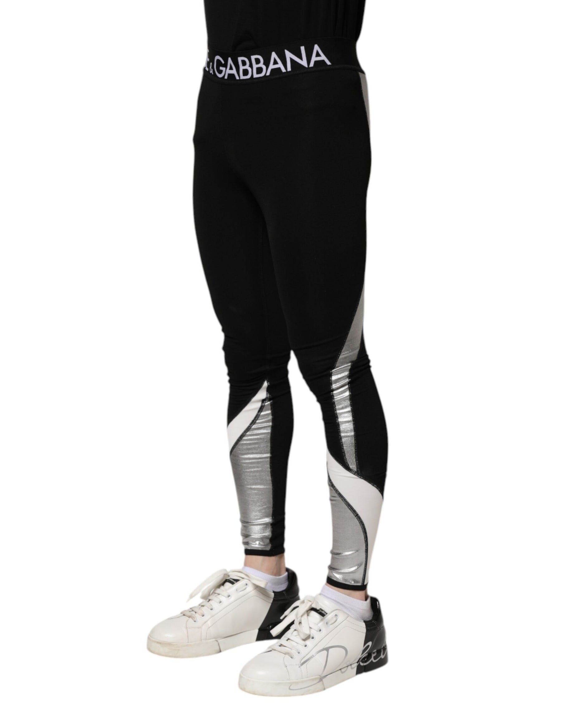 Dolce & Gabbana Black Silver Nylon Skinny Men Leggings Pants | Regal Royce