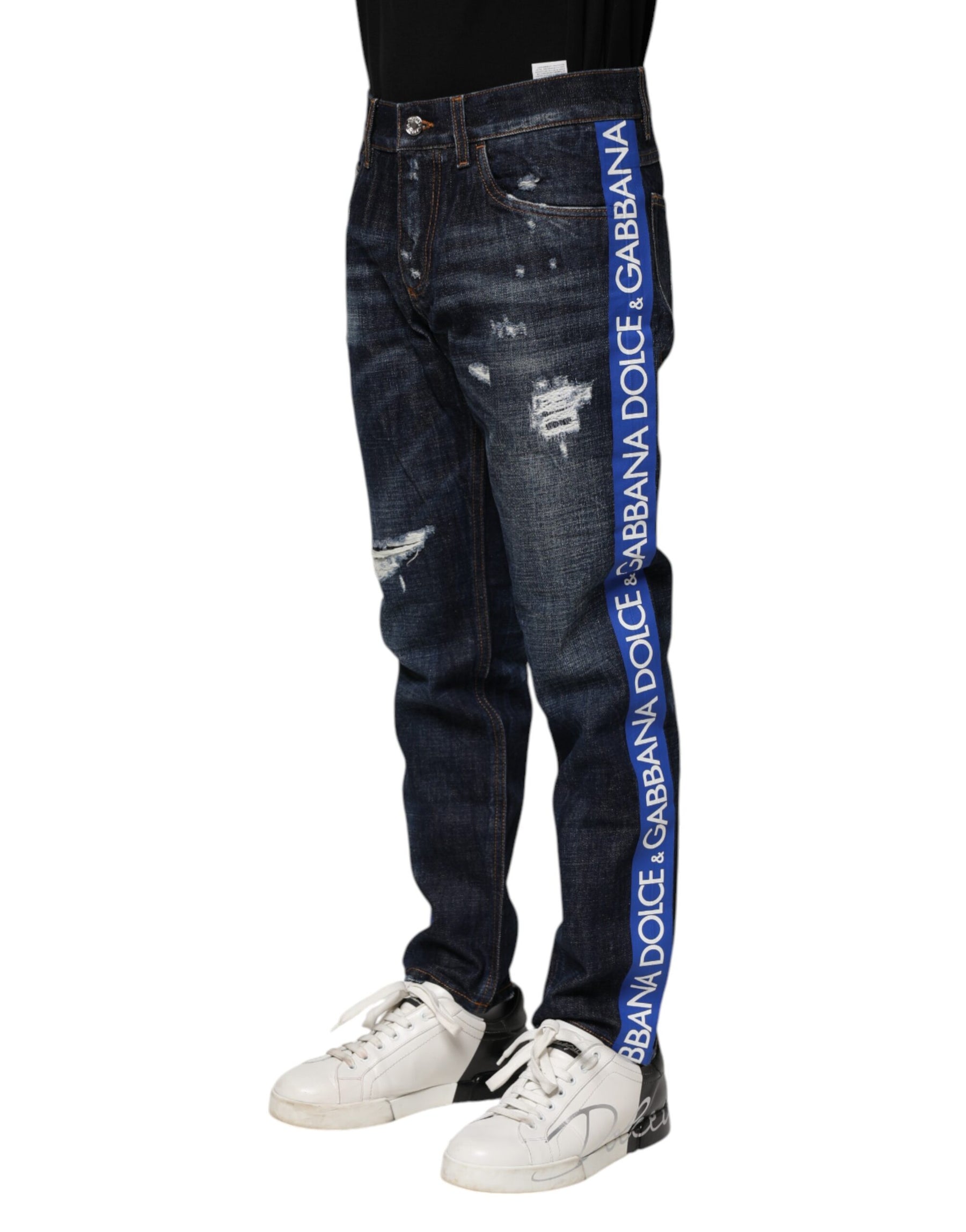 Dolce & Gabbana Dark Blue Tattered Skinny Denim Jeans | Regal Royce
