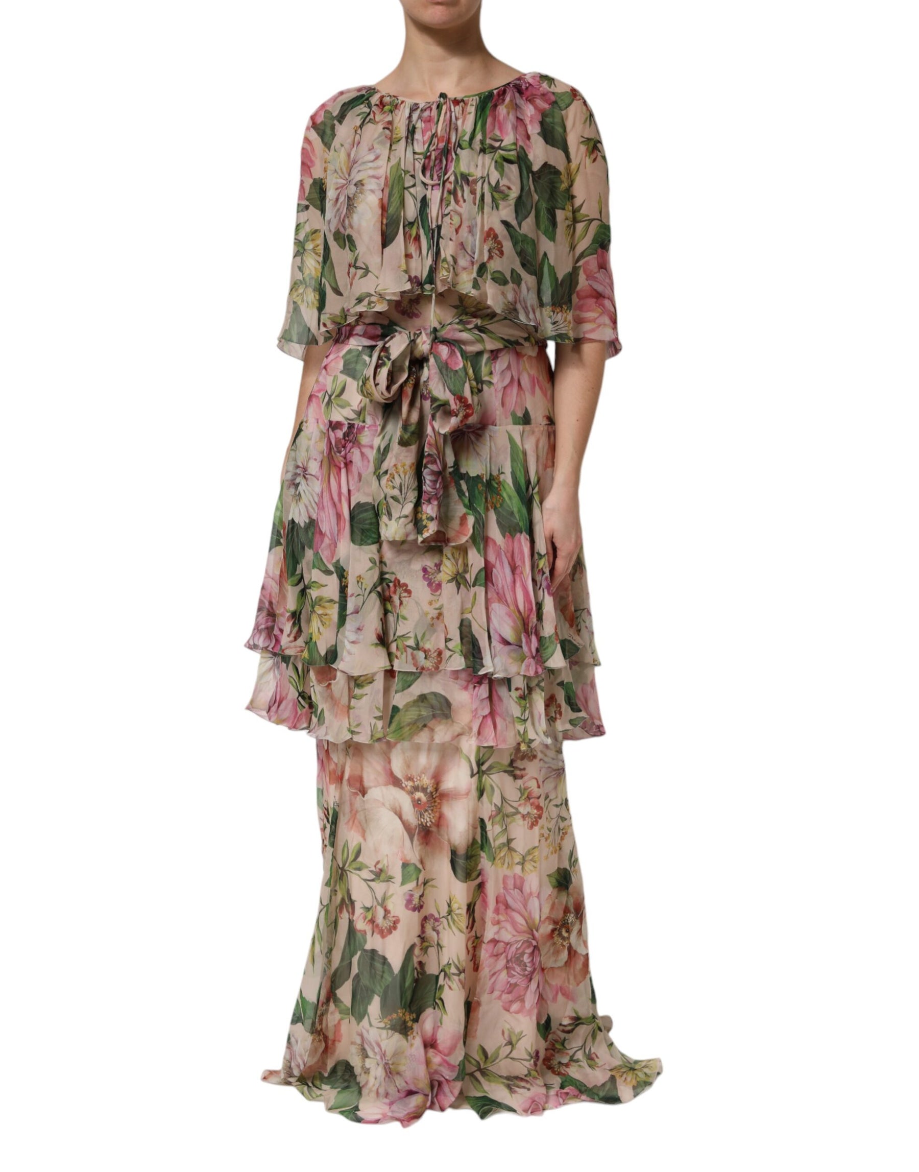Dolce & Gabbana Pink Floral Print Tiered Long Maxi Dress | Regal Royce