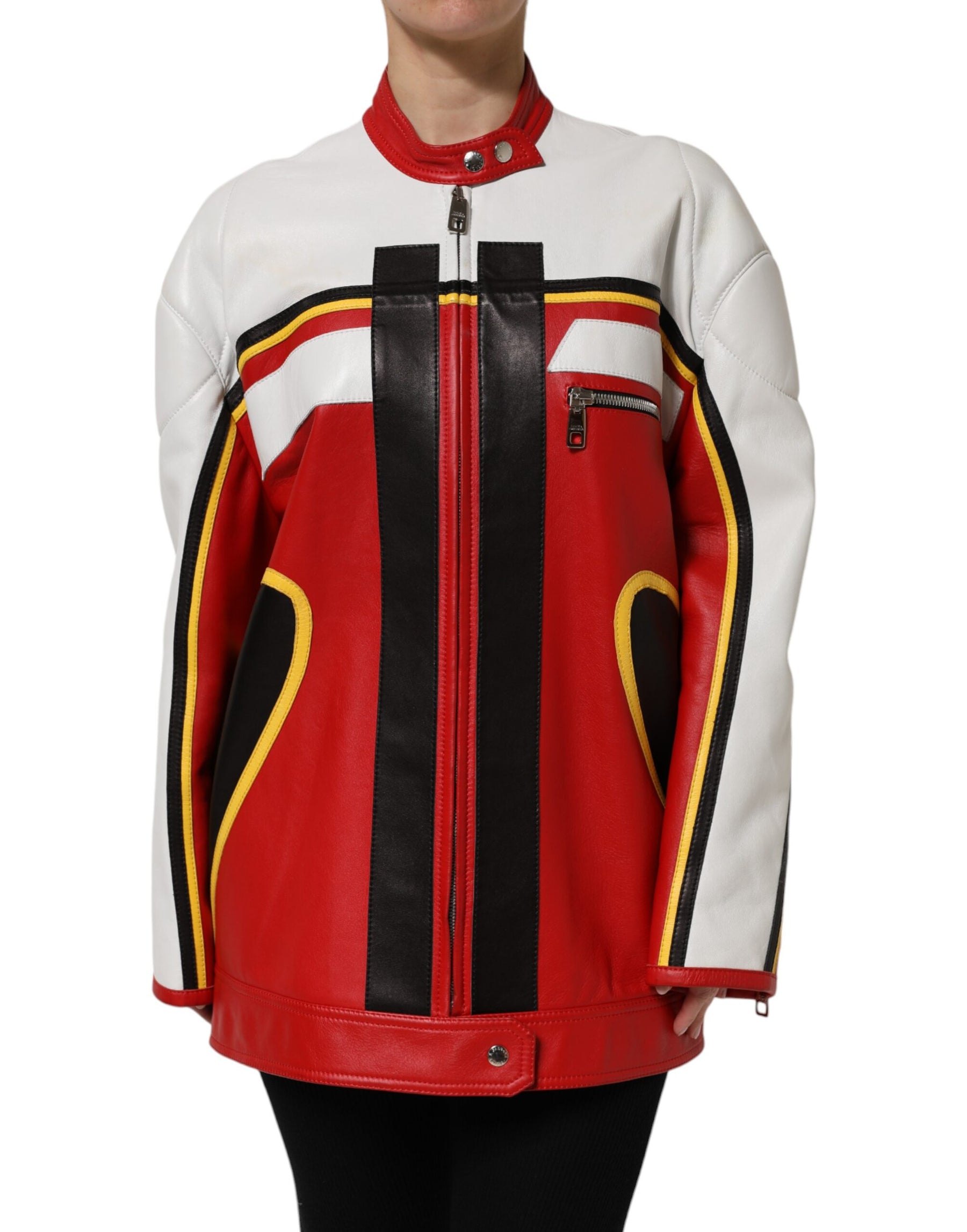 Dolce & Gabbana Multicolor Leather Biker Full Zip Coat Jacket | Regal Royce