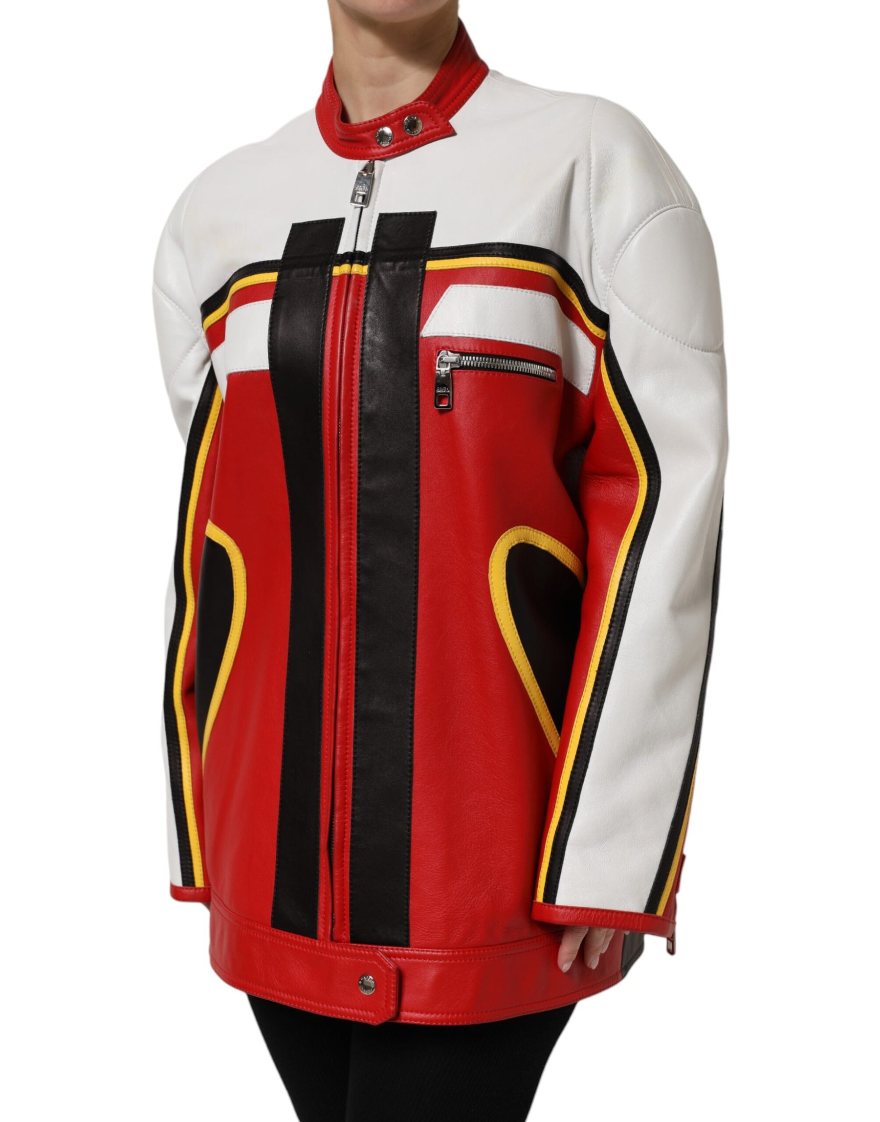 Dolce & Gabbana Multicolor Leather Biker Full Zip Coat Jacket | Regal Royce