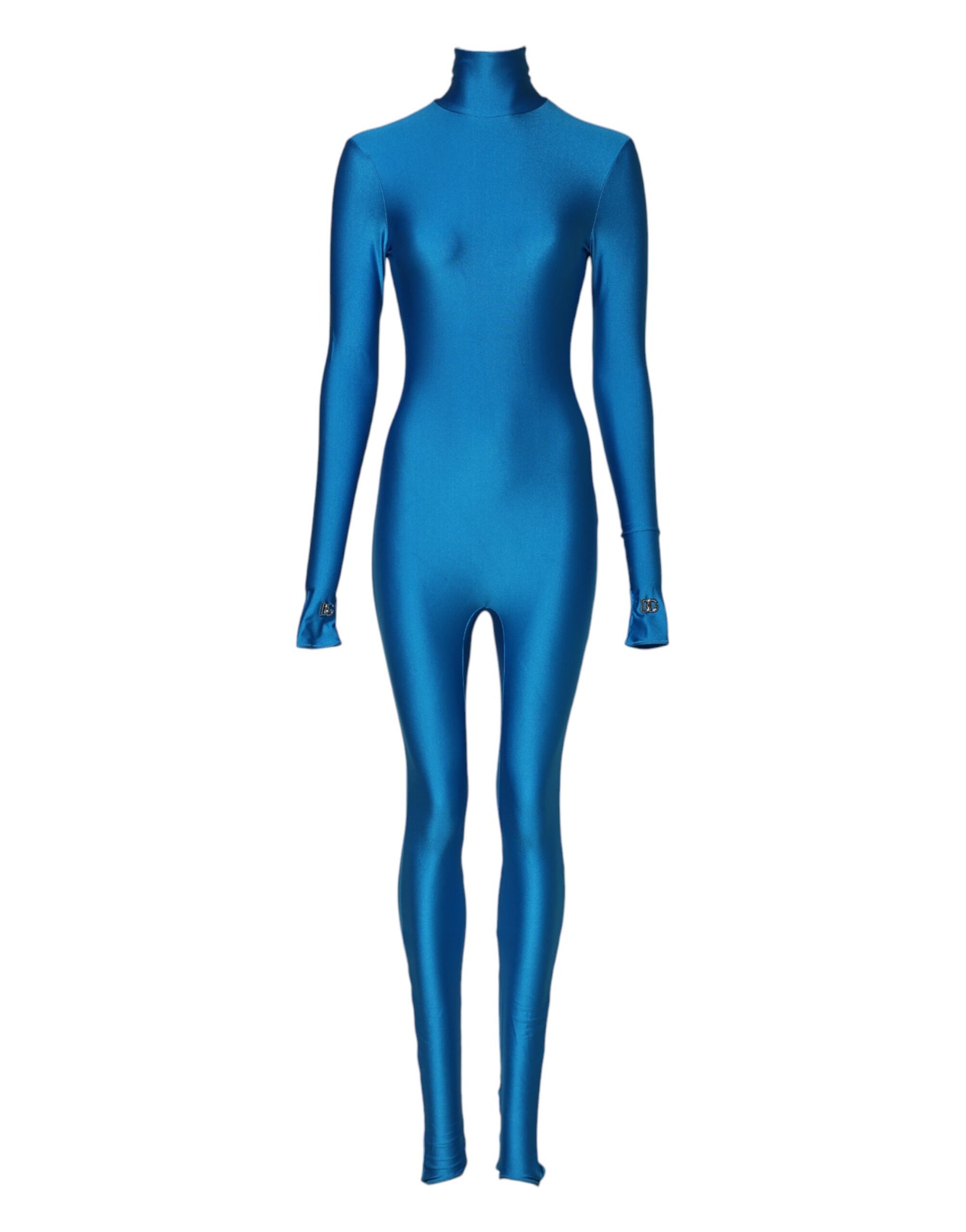 Dolce & Gabbana Blue Nylon Turtleneck Bodycon Jumpsuit Dress | Regal Royce