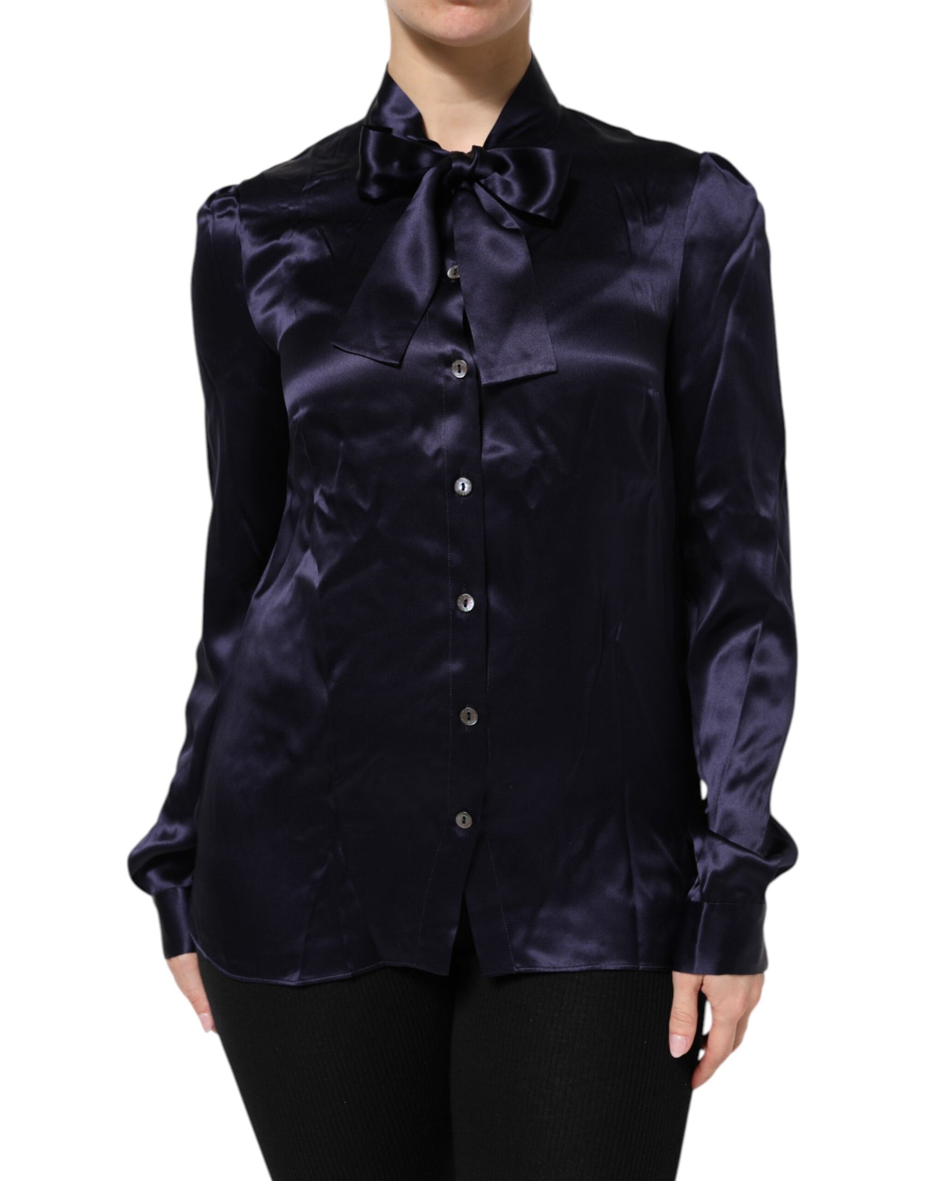 Dolce & Gabbana Dark Purple Silk Ascot Collared Blouse Top | Regal Royce