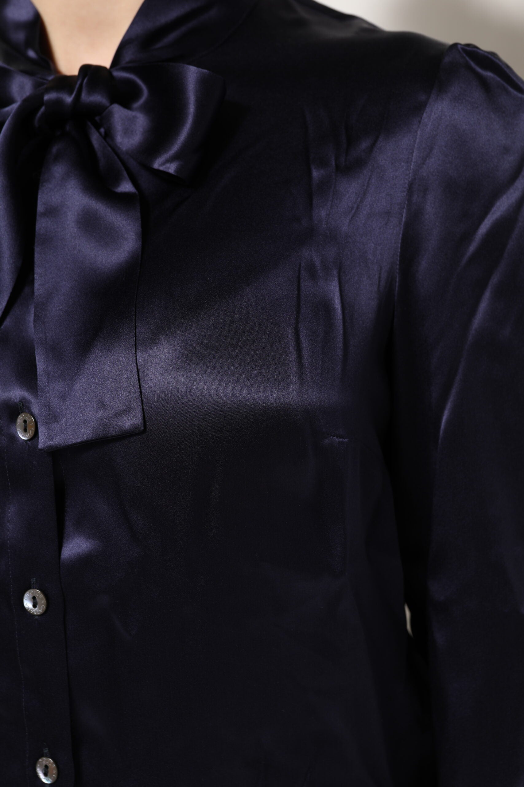 Dolce & Gabbana Dark Purple Silk Ascot Collared Blouse Top | Regal Royce