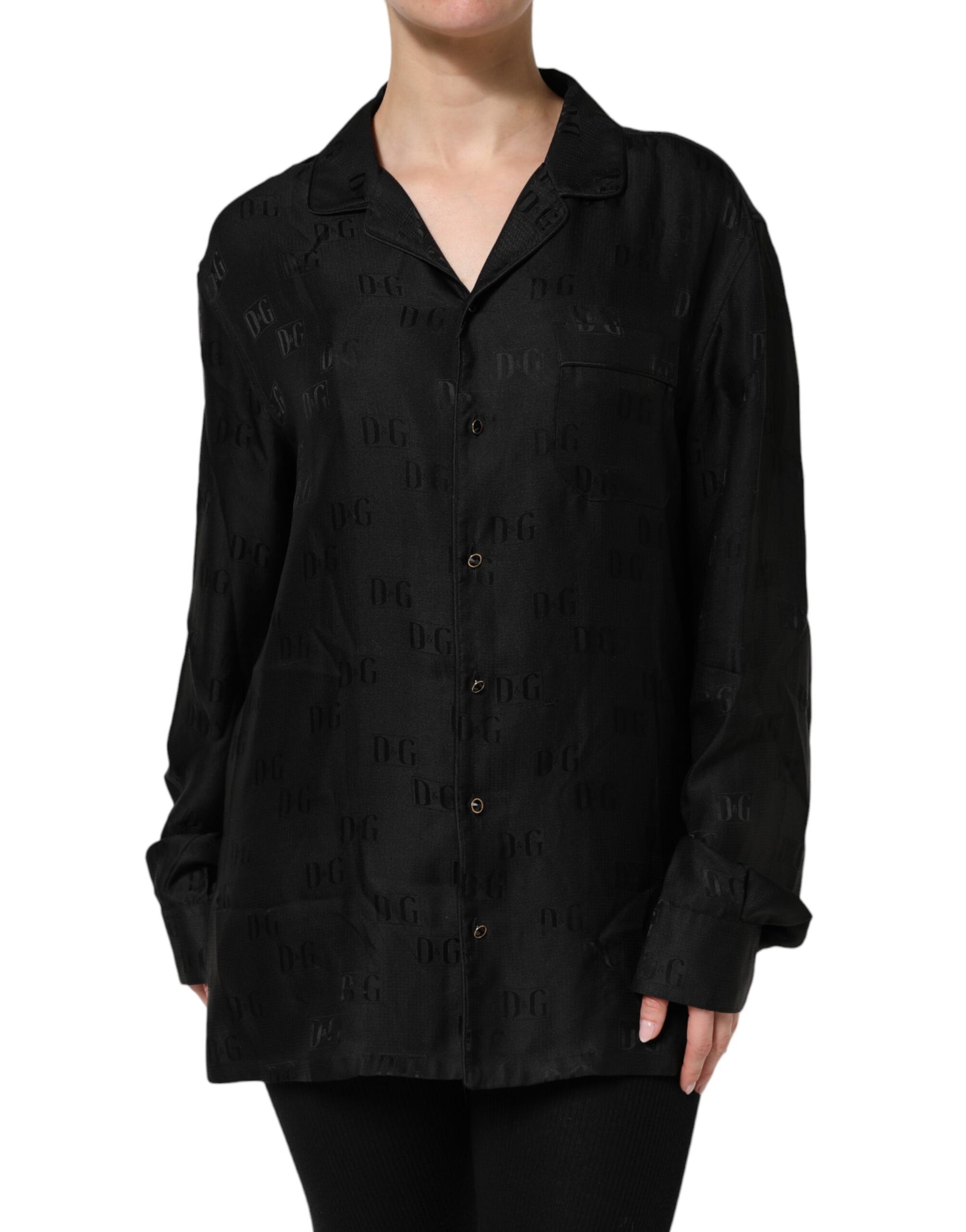 Dolce & Gabbana Black Silk DG Embroidery Long Sleeves Top | Regal Royce