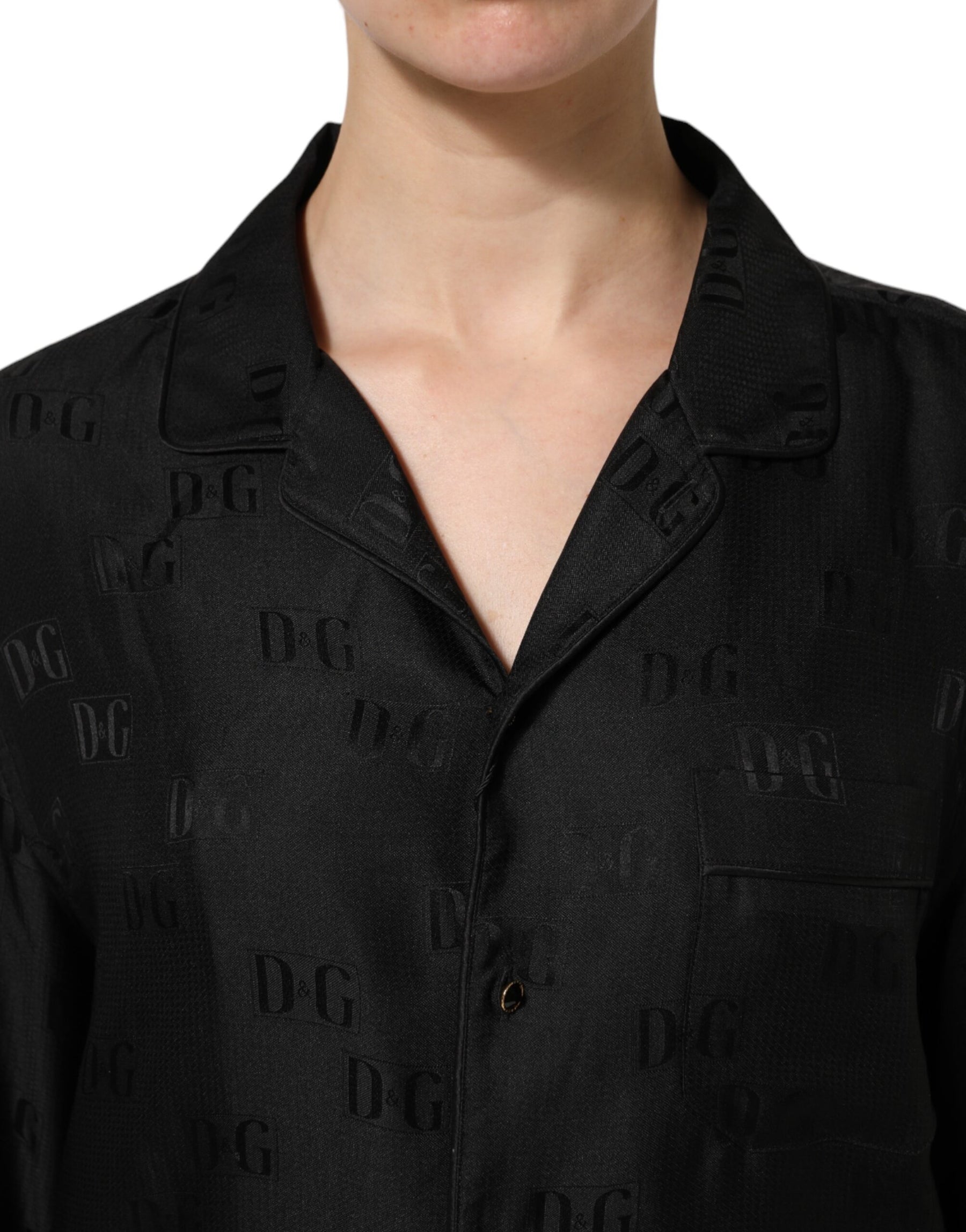 Dolce & Gabbana Black Silk DG Embroidery Long Sleeves Top | Regal Royce