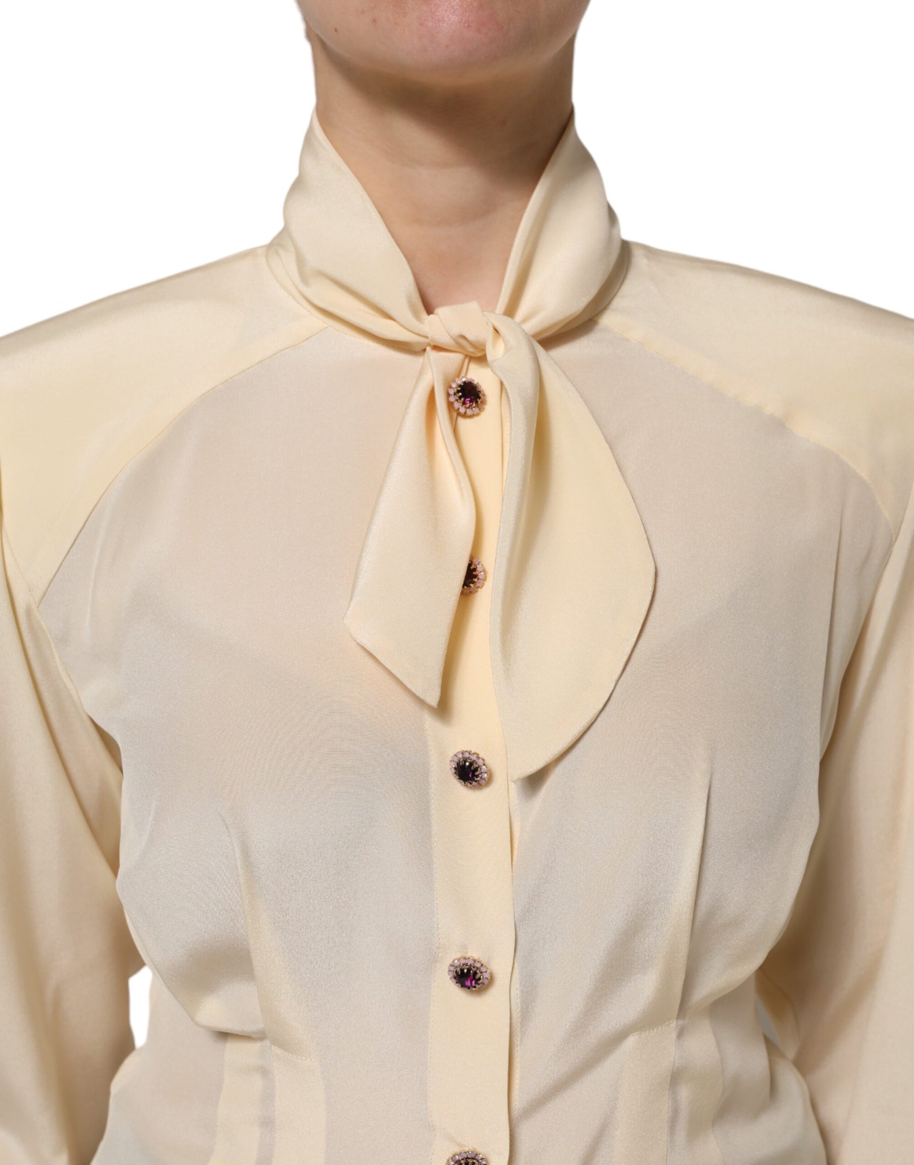 Dolce & Gabbana Light Yellow Silk Ascot Collared Blouse Top | Regal Royce