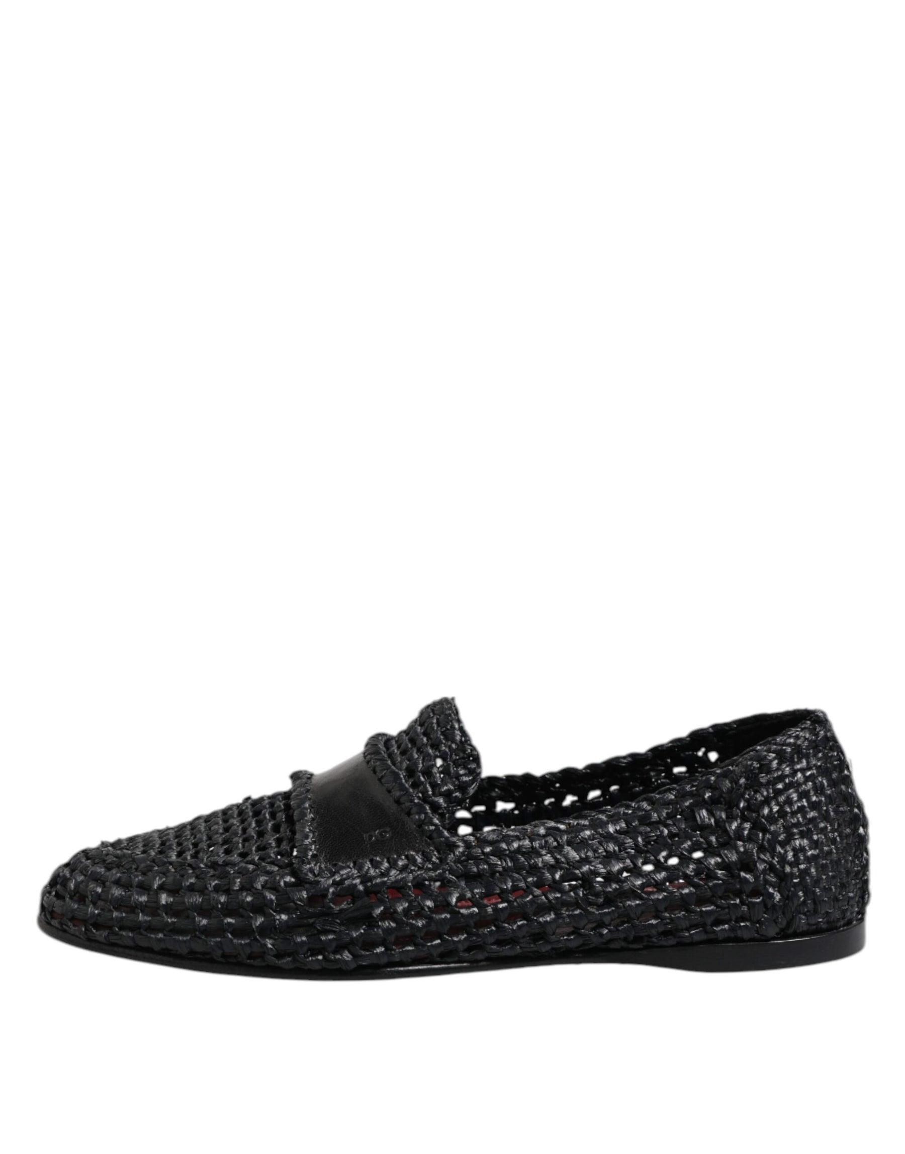 Dolce & Gabbana Black Woven Leather Slip On Loafers Men Shoes | Regal Royce