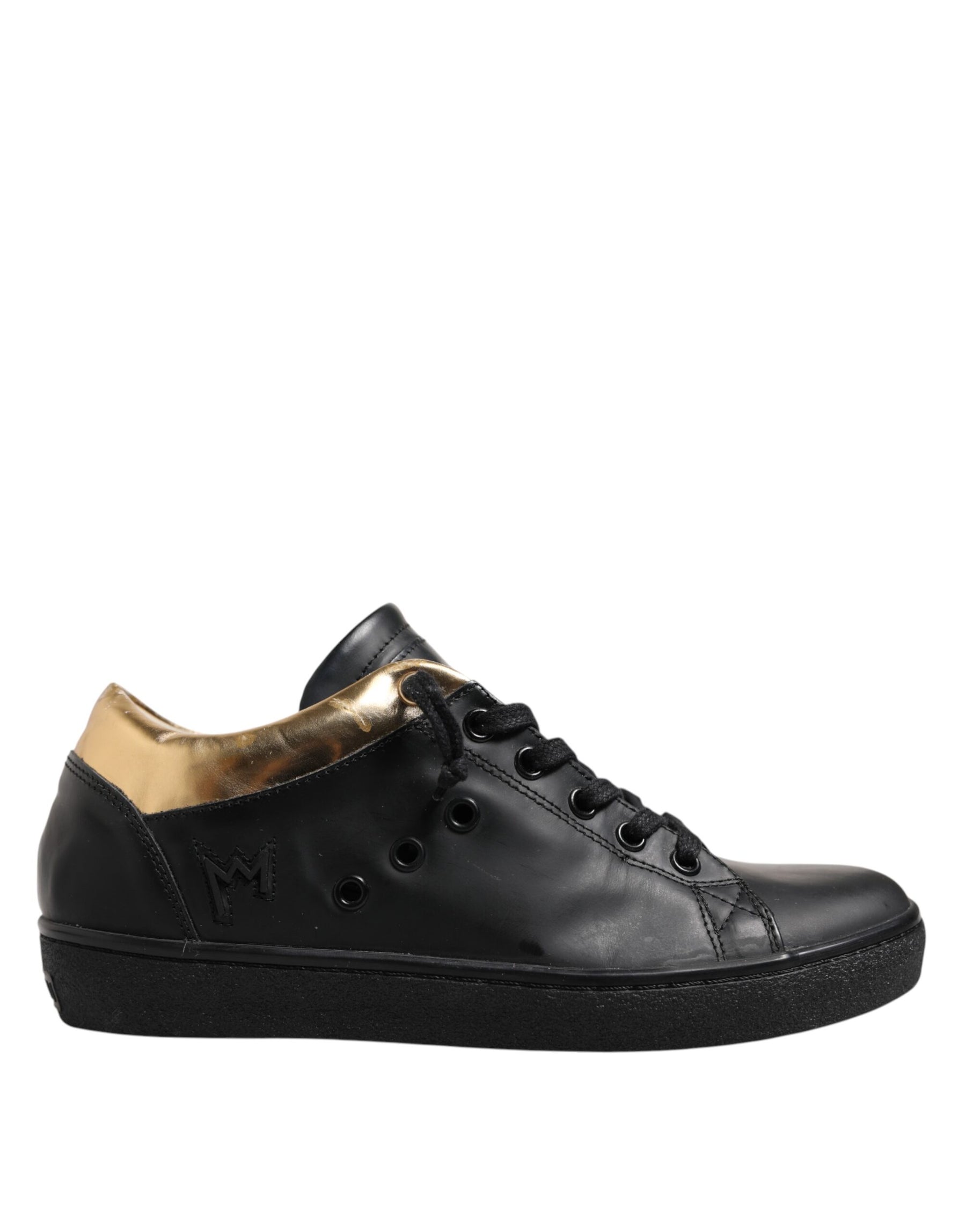 Leather Crown Black Gold Lace Up Low Top Women Sneakers Shoes | Regal Royce