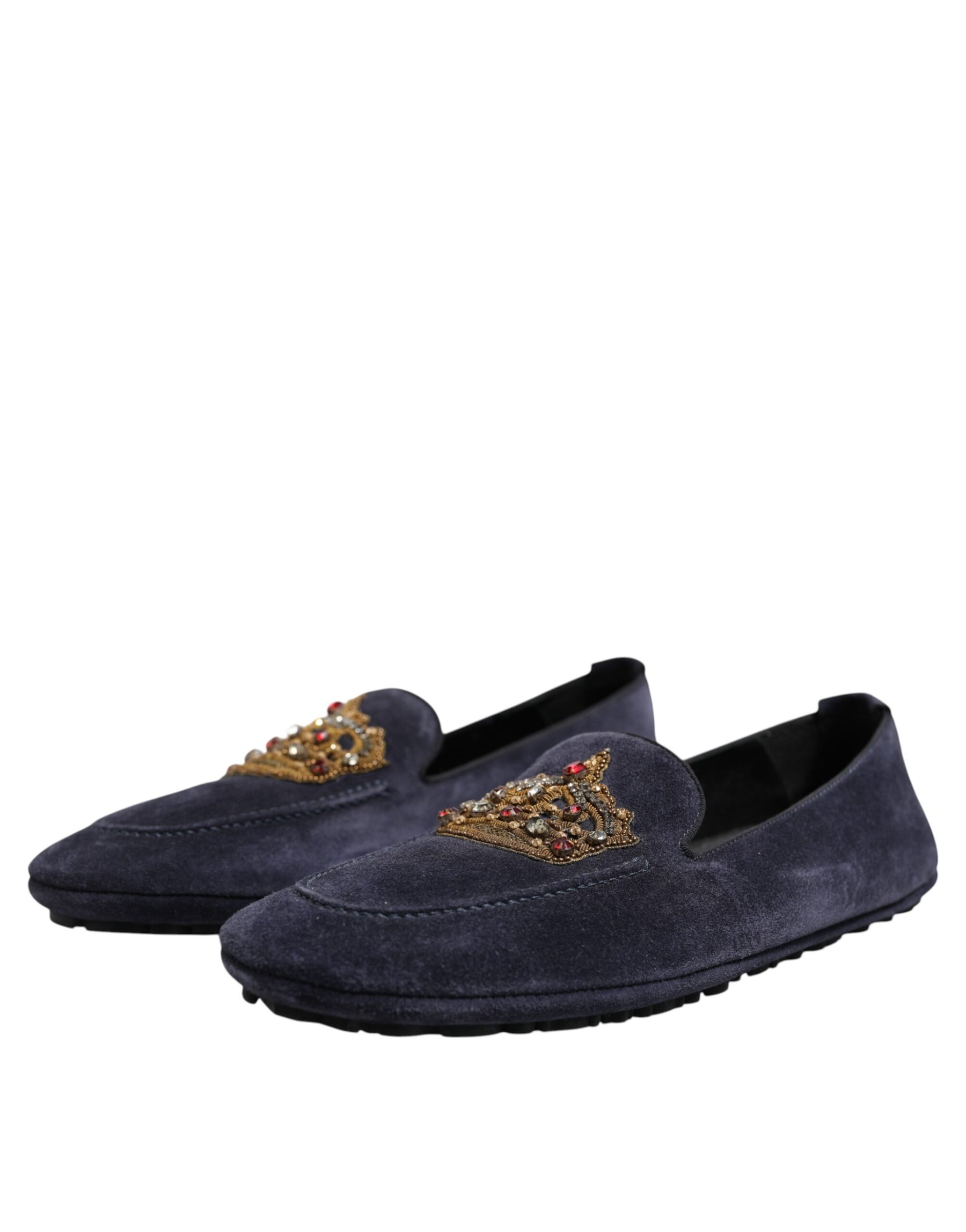 Dolce & Gabbana Blue Suede Crown Crystal Loafers Dress Shoes | Regal Royce
