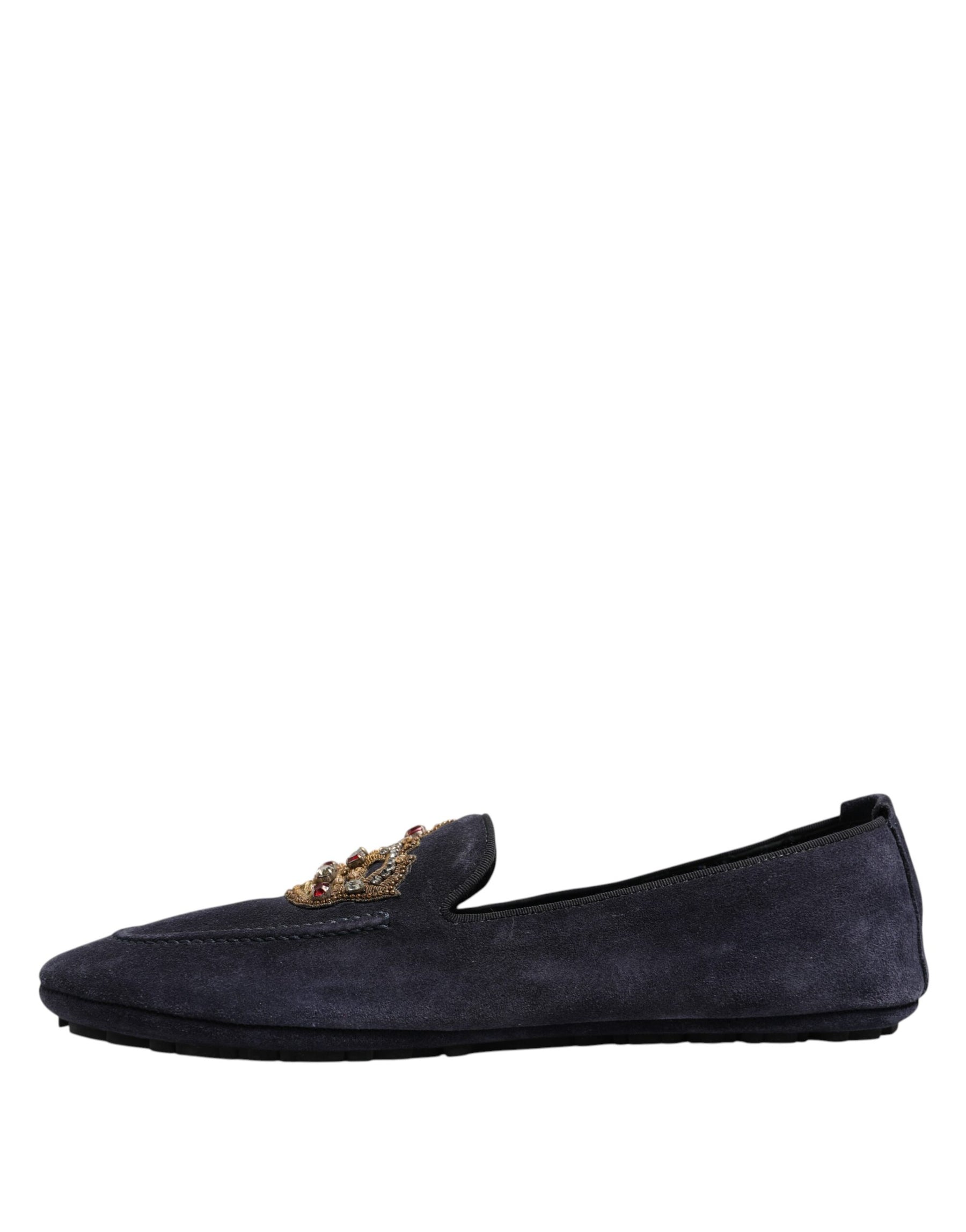 Dolce & Gabbana Blue Suede Crown Crystal Loafers Dress Shoes | Regal Royce