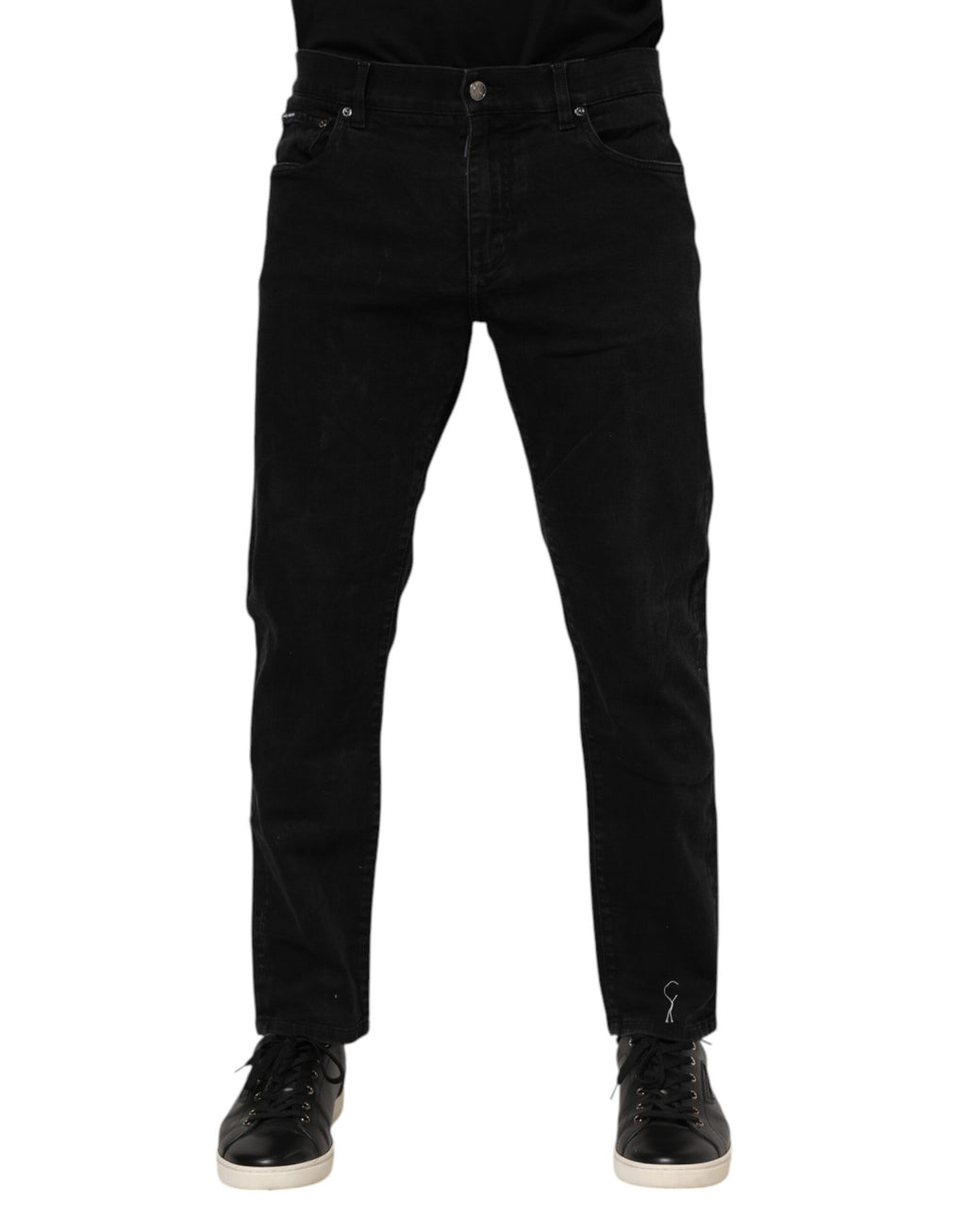 Dolce & Gabbana Black Cotton Logo Plaque Slim Fit Denim Jeans