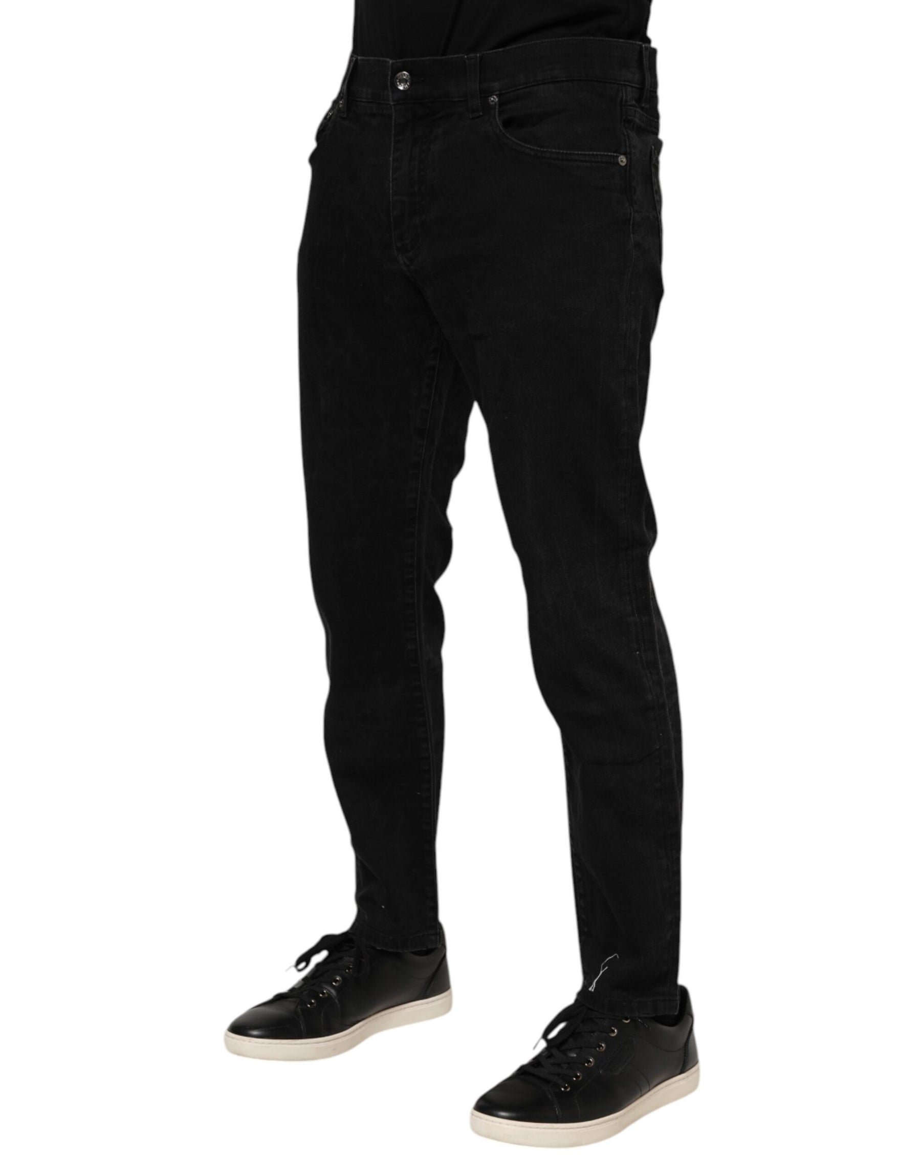 Dolce & Gabbana Black Cotton Logo Plaque Slim Fit Denim Jeans | Regal Royce