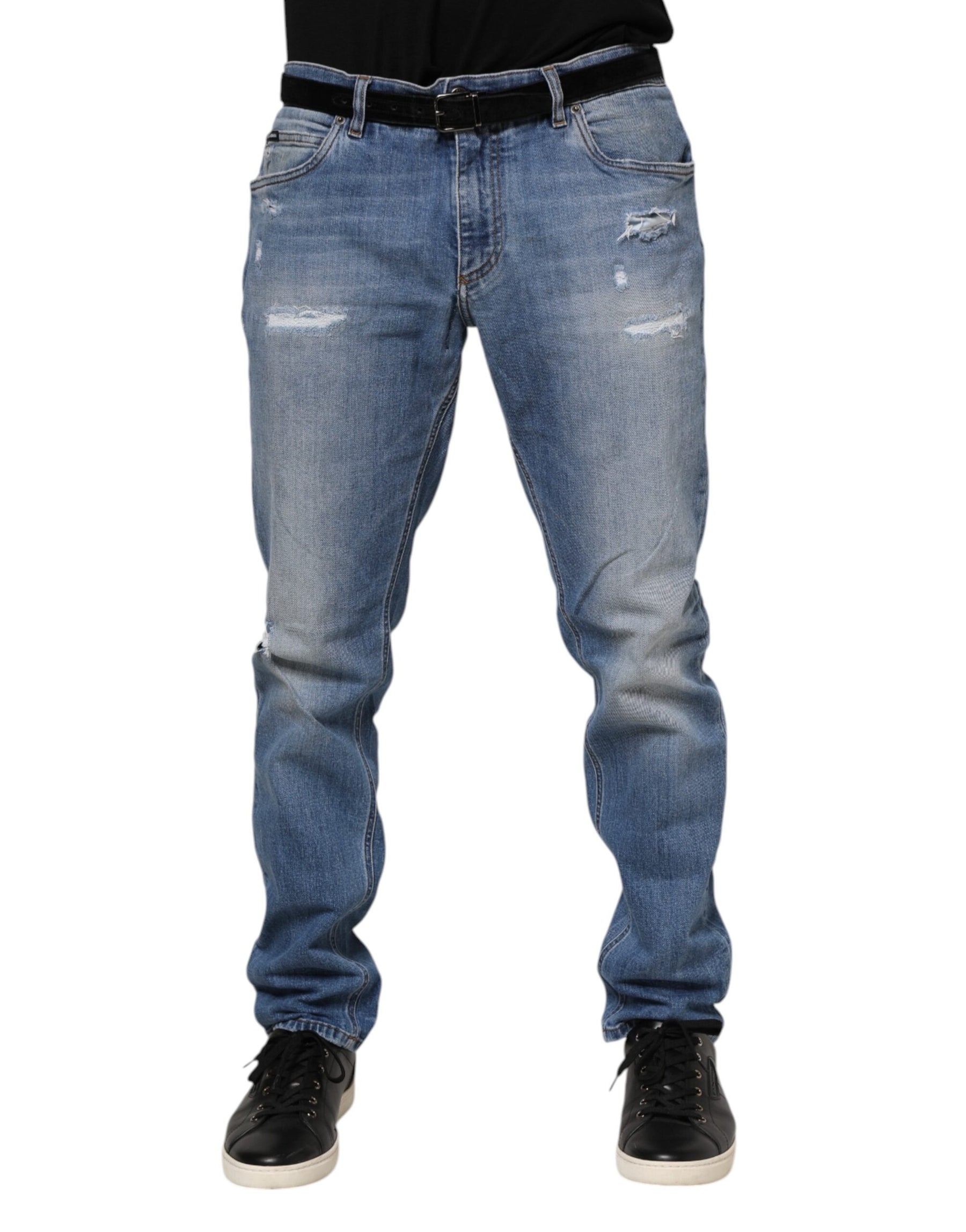 Dolce & Gabbana Blue Washed Tattered Logo Plaque Denim Jeans | Regal Royce