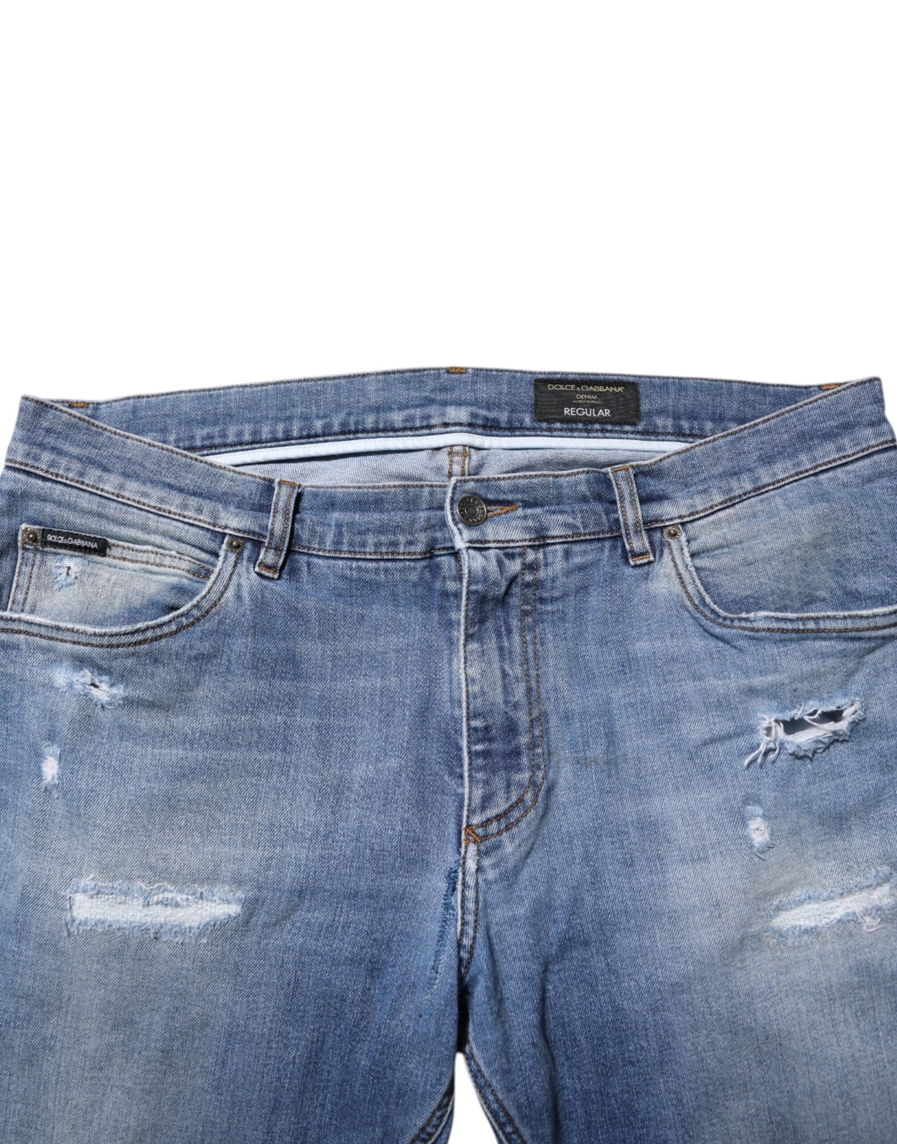 Dolce & Gabbana Blue Washed Tattered Logo Plaque Denim Jeans | Regal Royce
