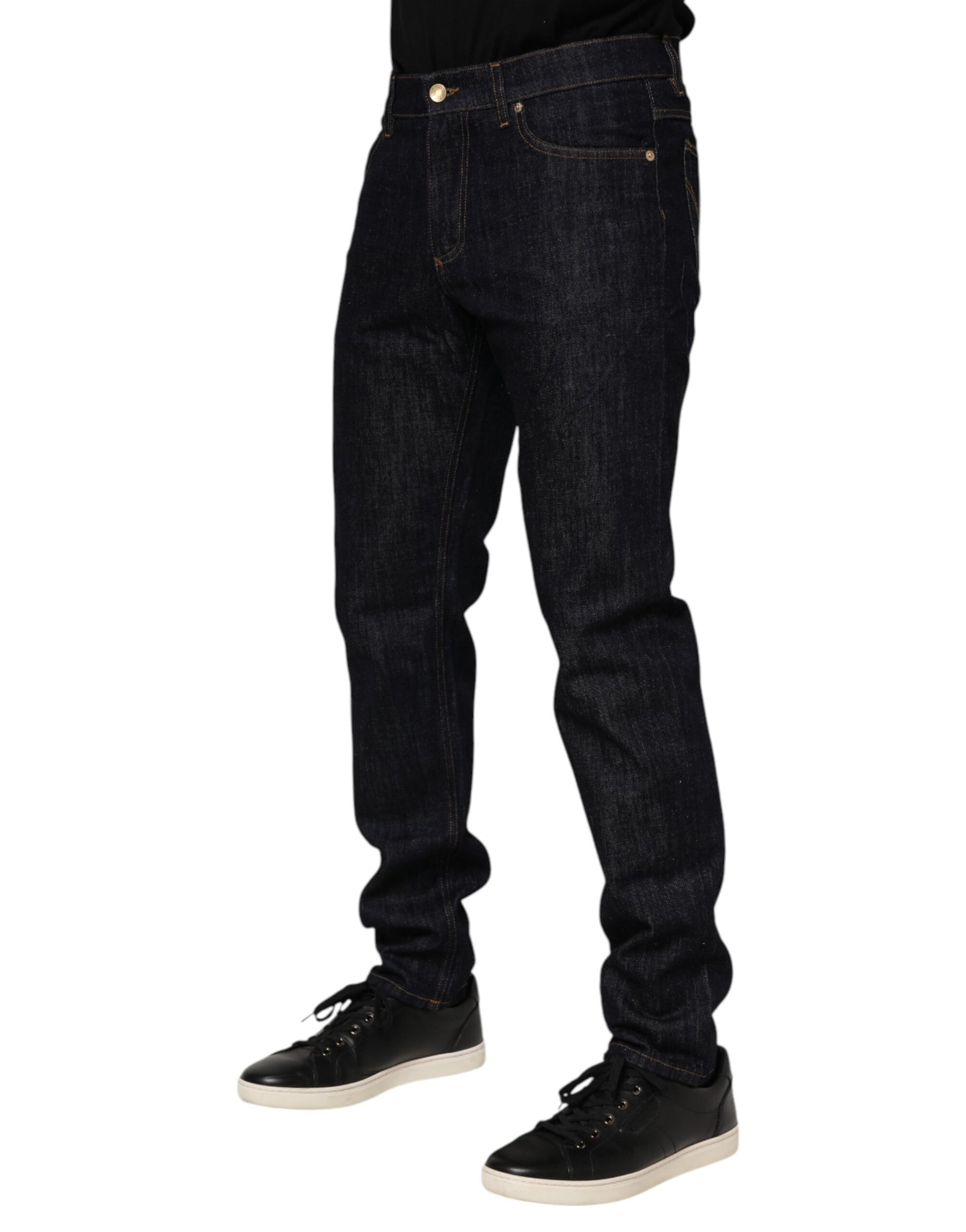 Dolce & Gabbana Dark Blue Cotton Logo Plaque Men Denim Jeans | Regal Royce